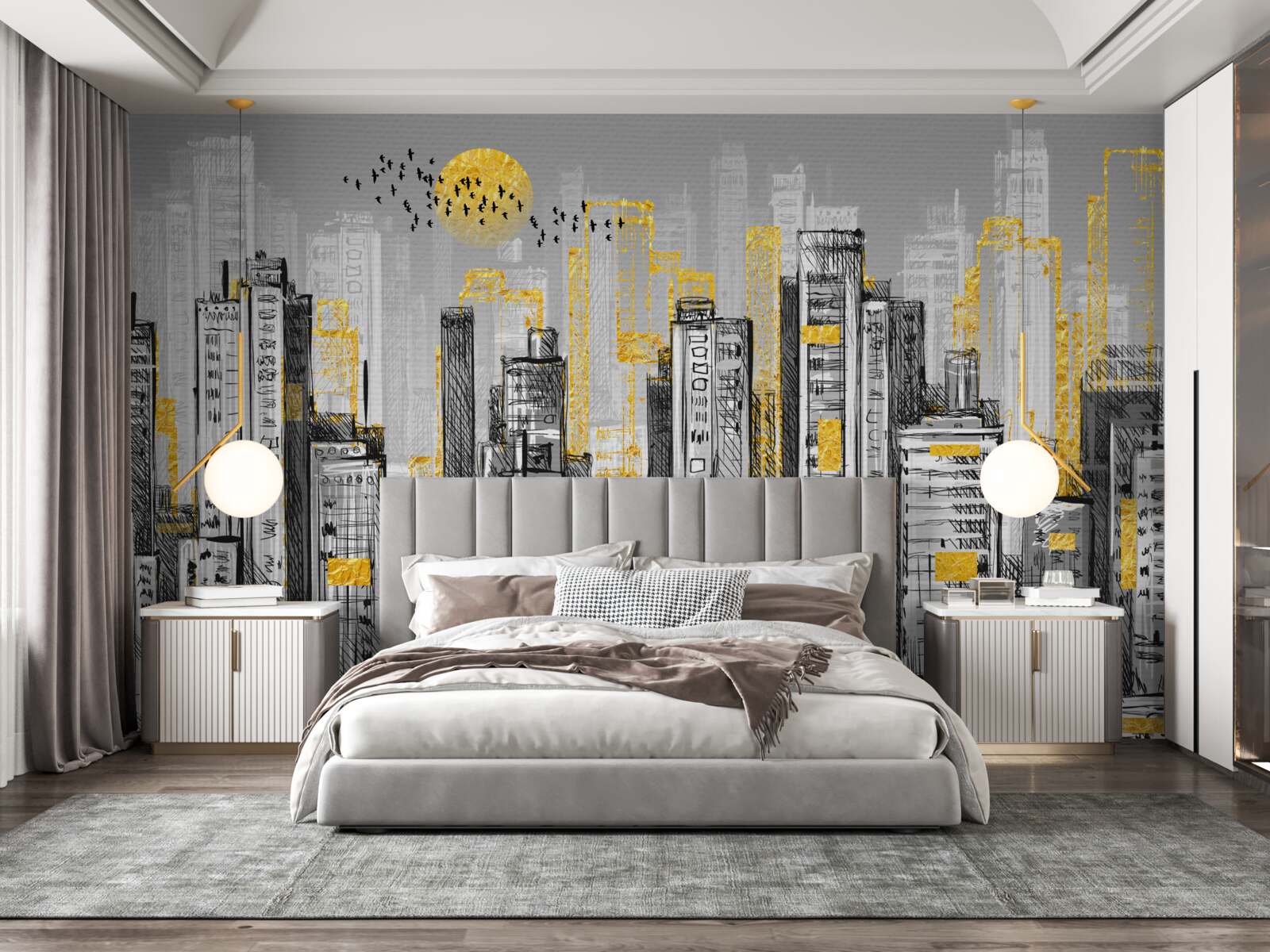 Papier peint ville grise dans la lumière jaune du soir