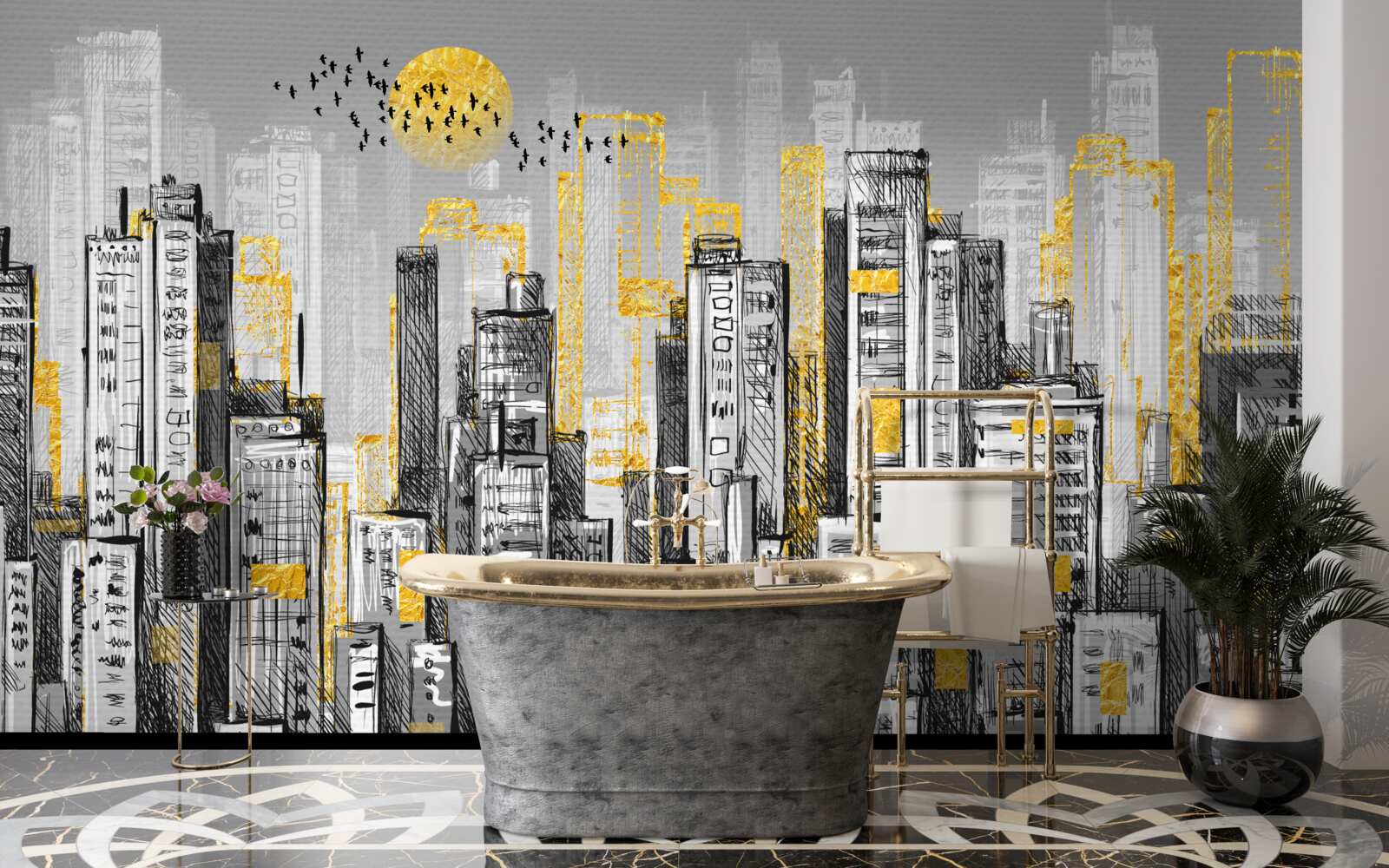 Papier peint ville grise dans la lumière jaune du soir