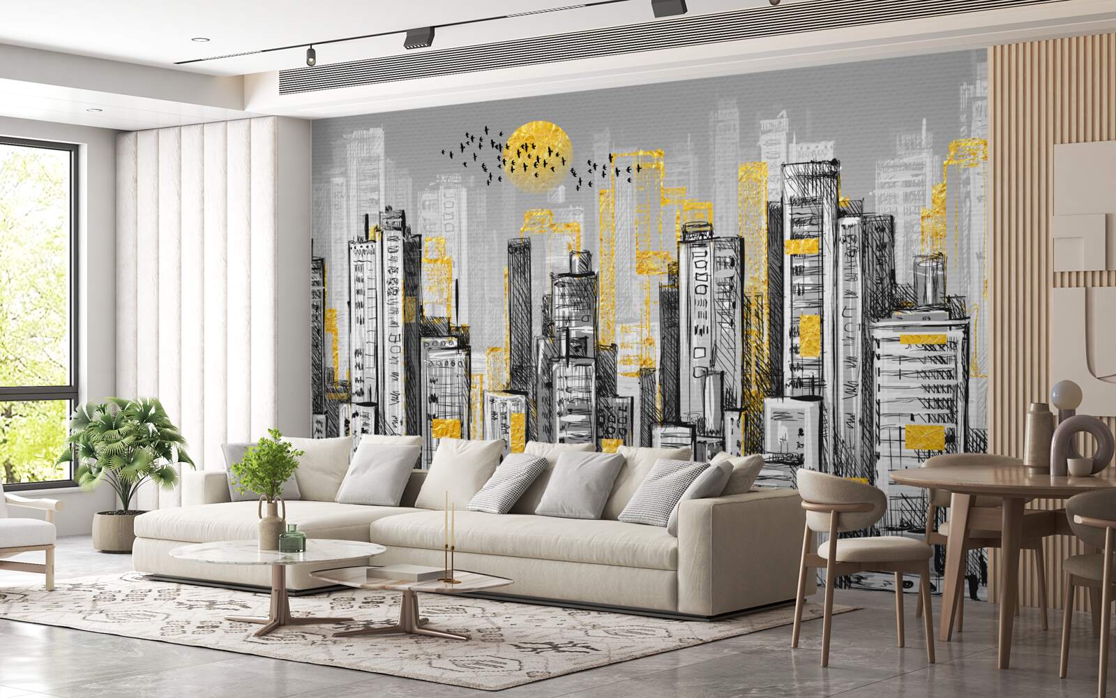 Papier peint ville grise dans la lumière jaune du soir