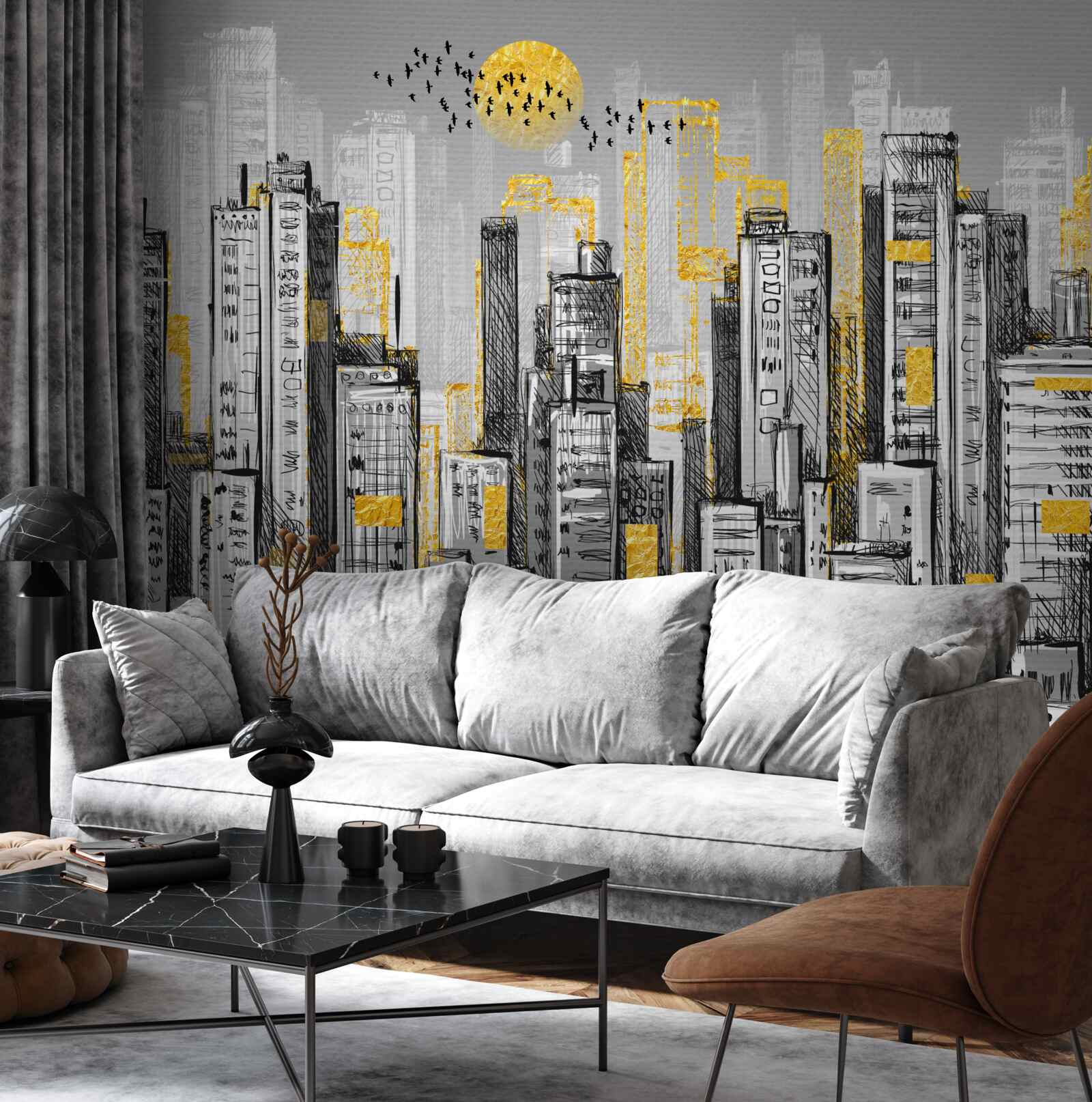 Papier peint ville grise dans la lumière jaune du soir