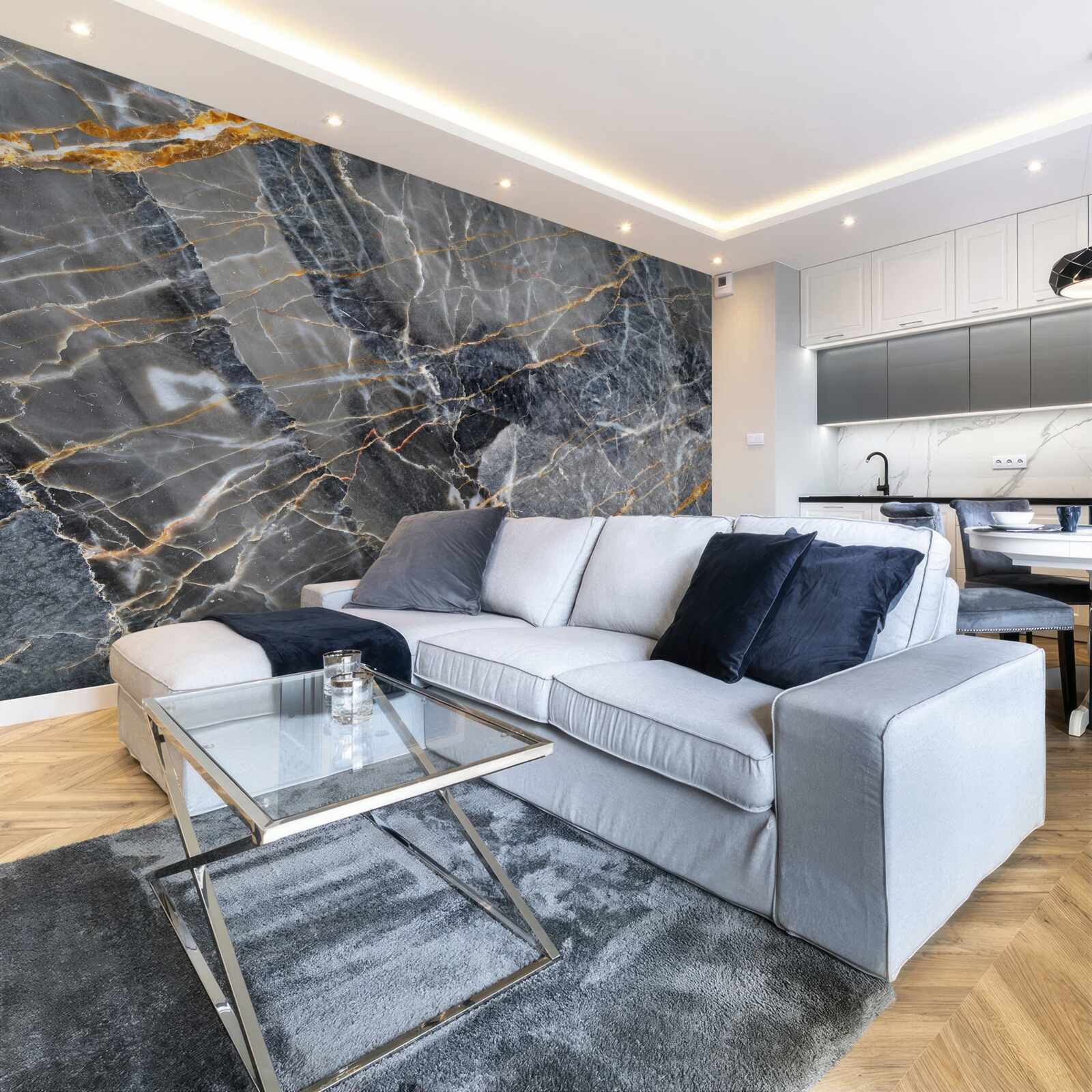 Papier peint marbre noir veiné d'or