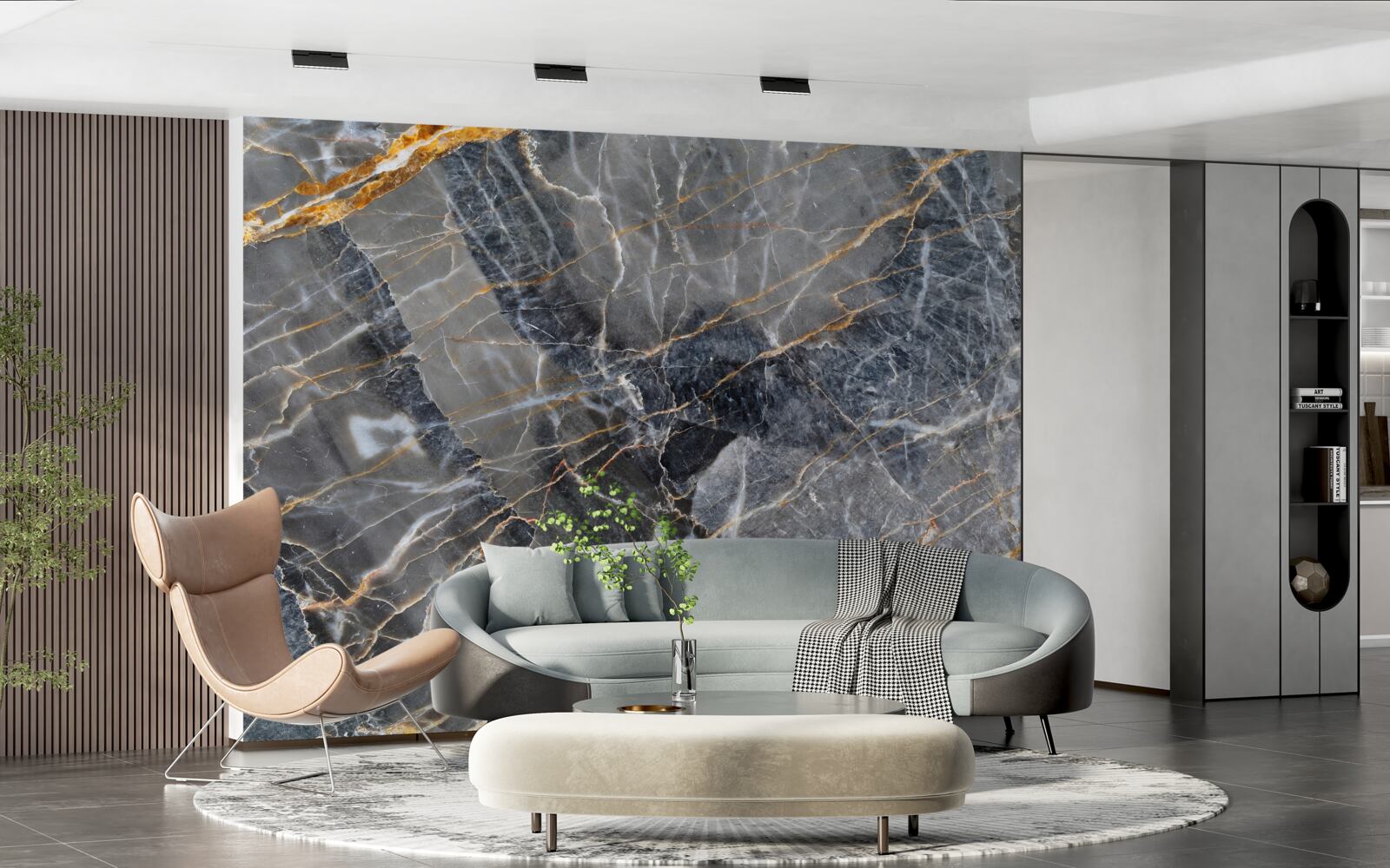 Papier peint marbre noir veiné d'or