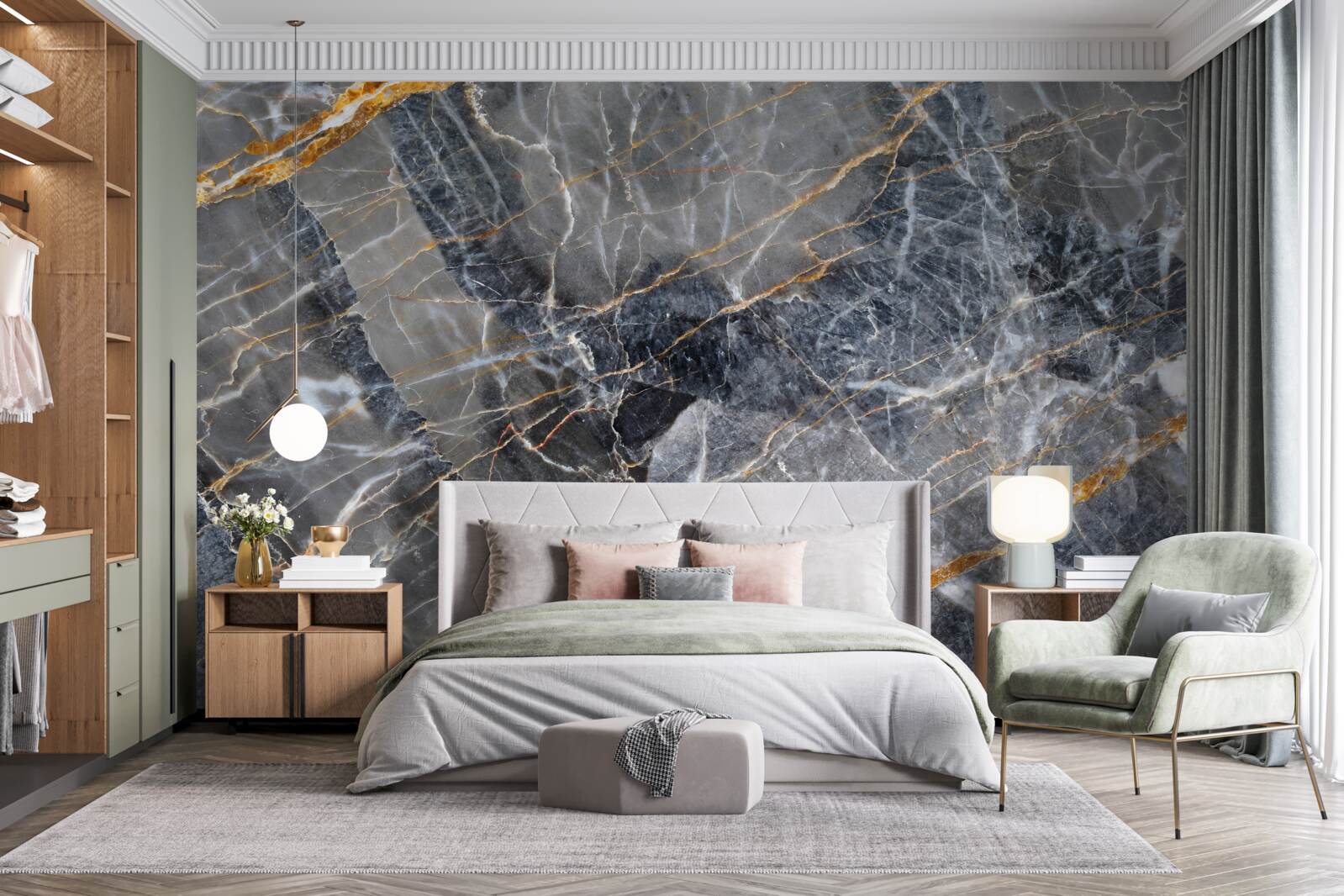 Papier peint marbre noir veiné d'or