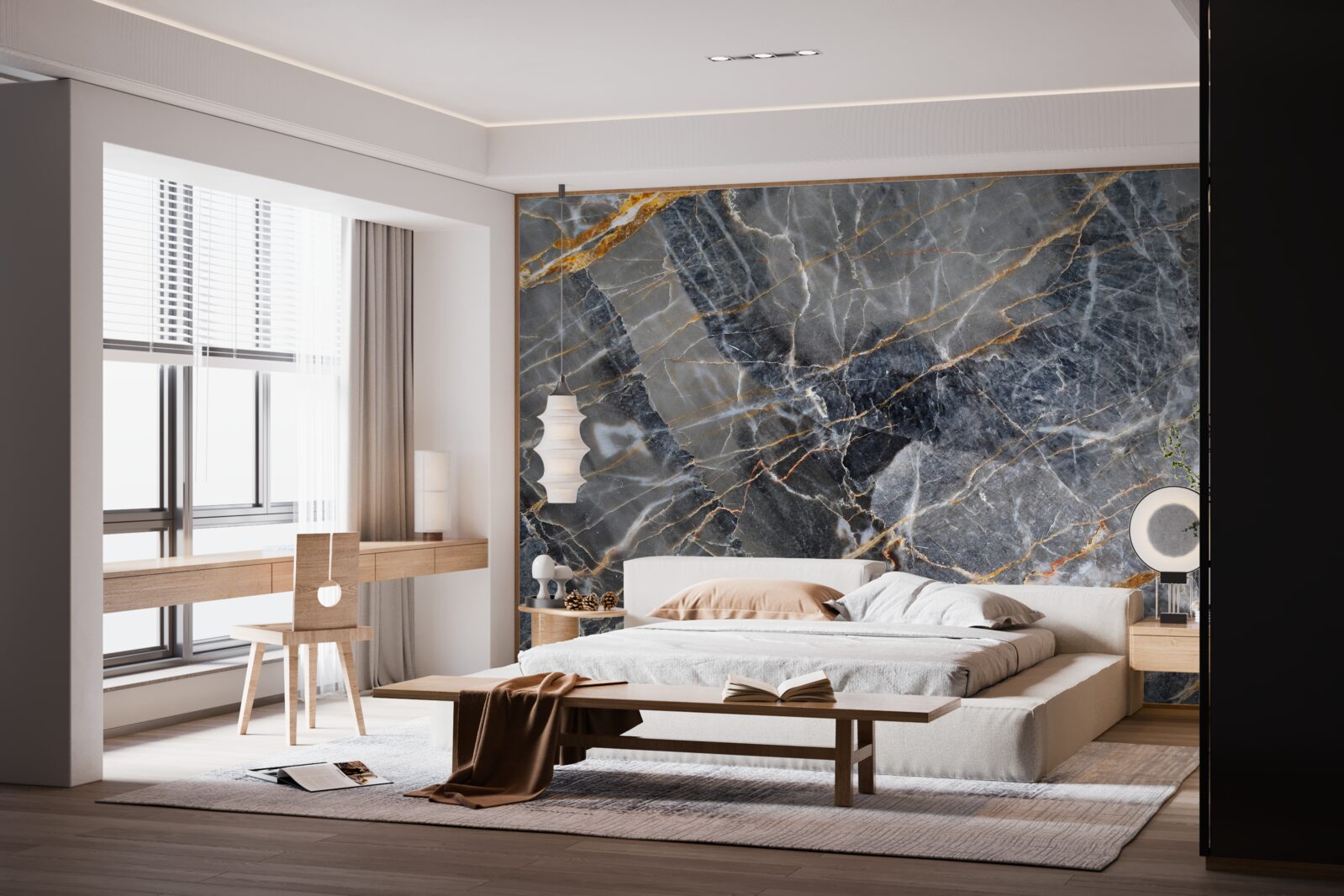 Papier peint marbre noir veiné d'or