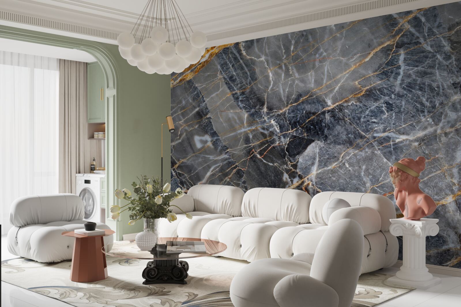 Papier peint marbre noir veiné d'or