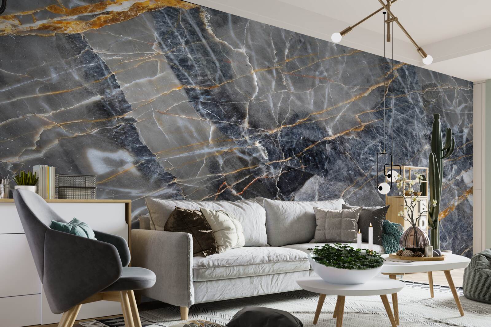 Papier peint marbre noir veiné d'or