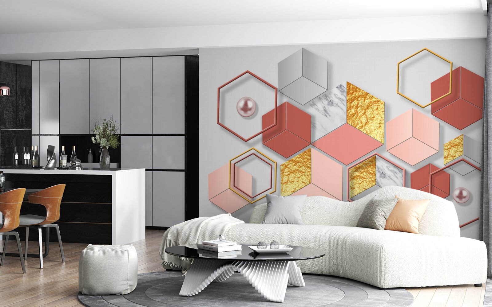 Papier peint pentagones bordeaux avec différents contenus