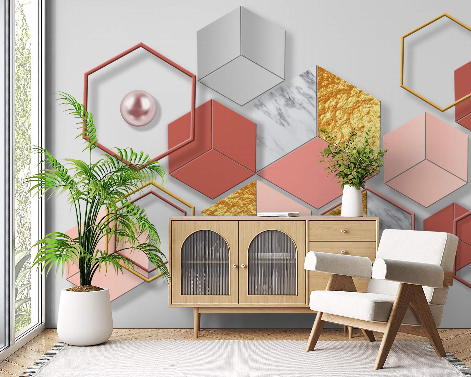 Papier peint pentagones bordeaux avec différents contenus