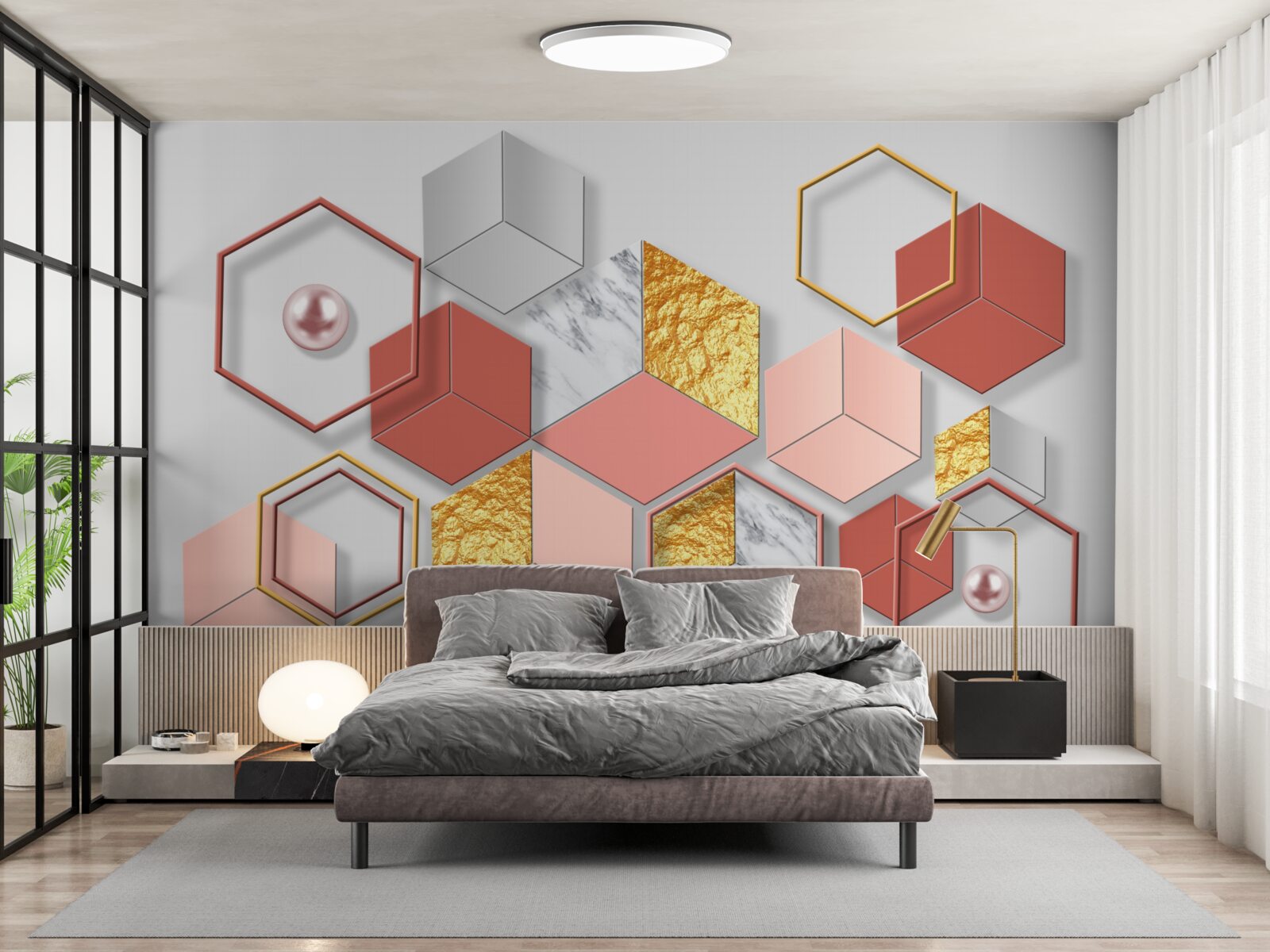 Papier peint pentagones bordeaux avec différents contenus