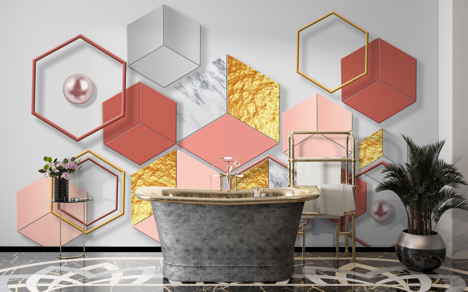 Papier peint pentagones bordeaux avec différents contenus