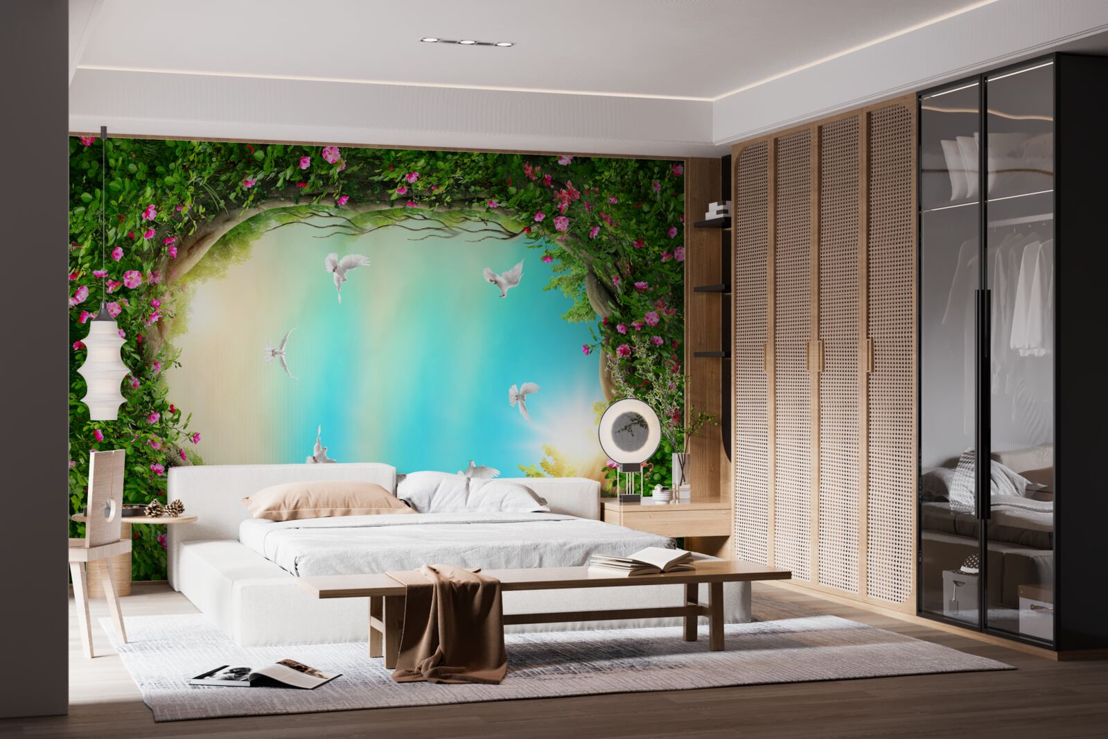 Papier peint dans un cadre vert de fleurs, des pigeons planent dans le ciel