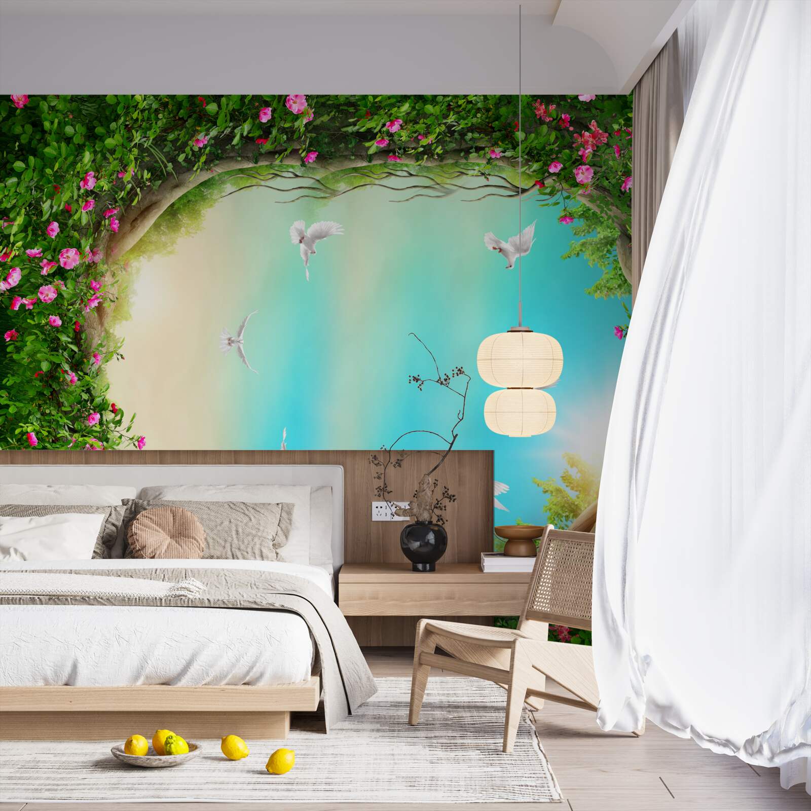 Papier peint dans un cadre vert de fleurs, des pigeons planent dans le ciel