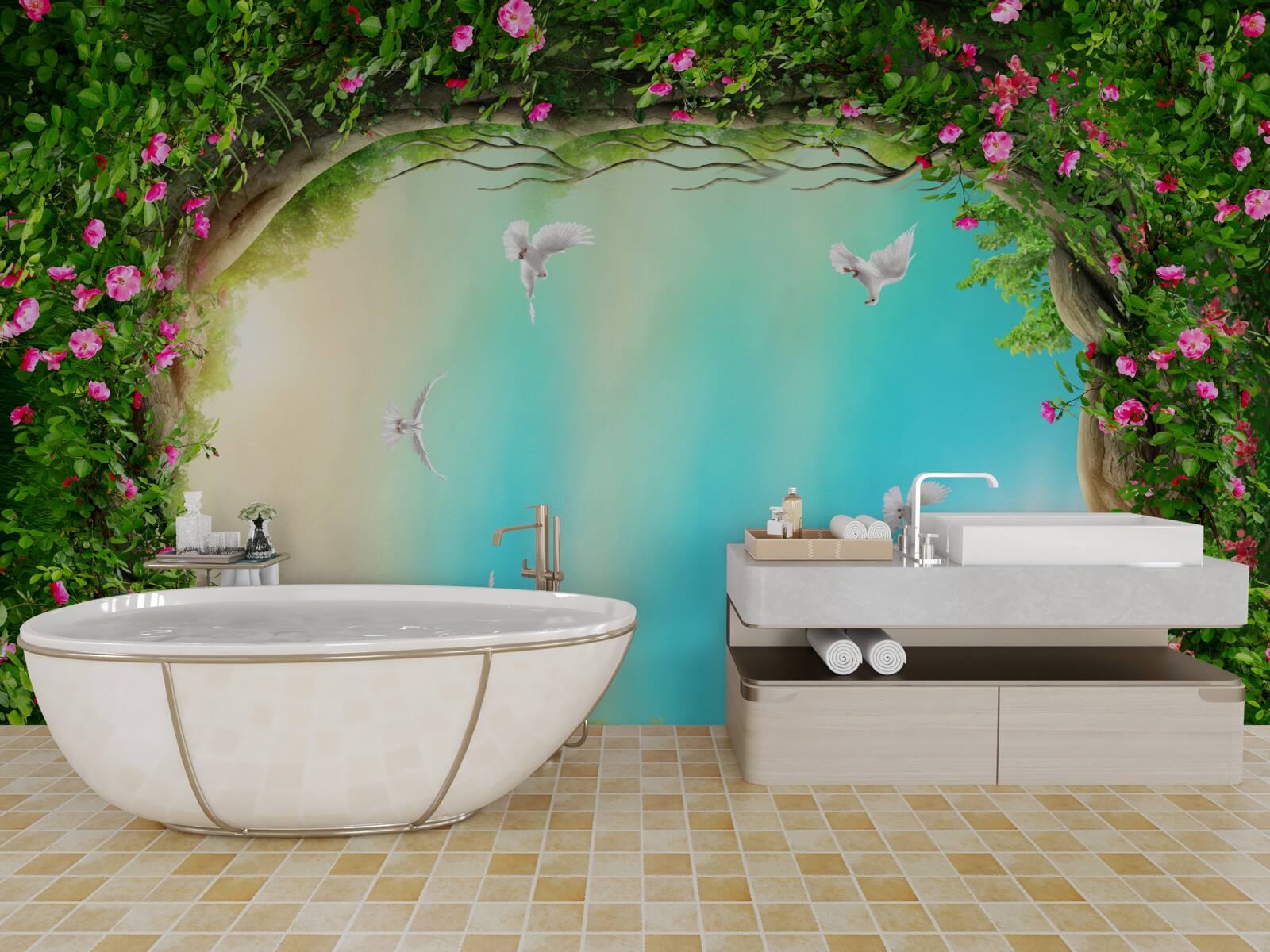 Papier peint dans un cadre vert de fleurs, des pigeons planent dans le ciel