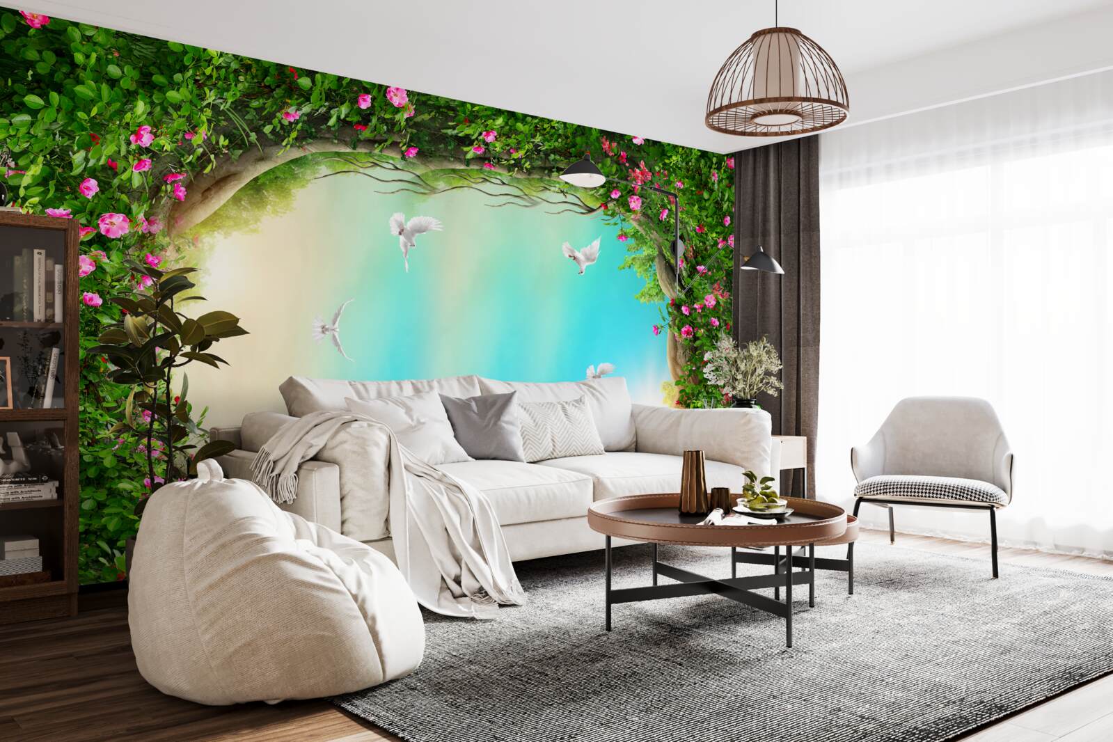 Papier peint dans un cadre vert de fleurs, des pigeons planent dans le ciel