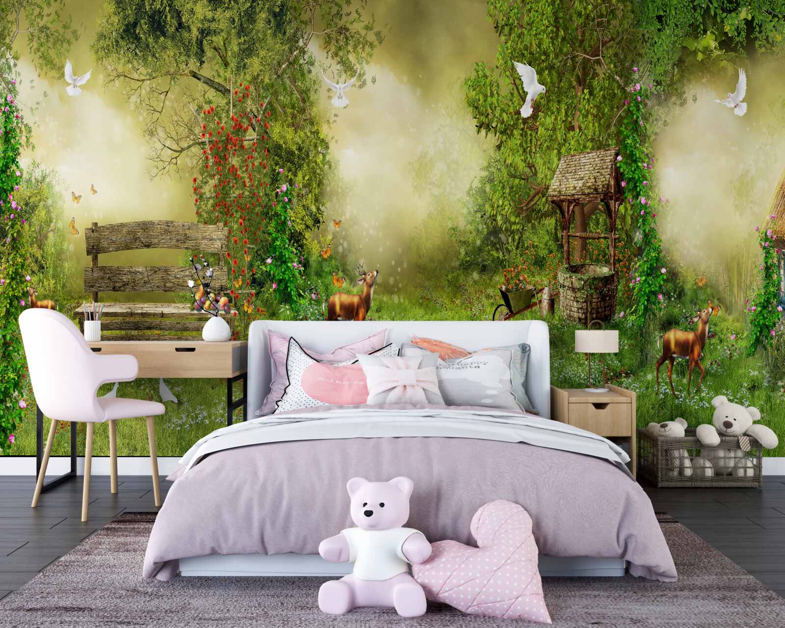 Papier peint chalet magique au milieu des arbres