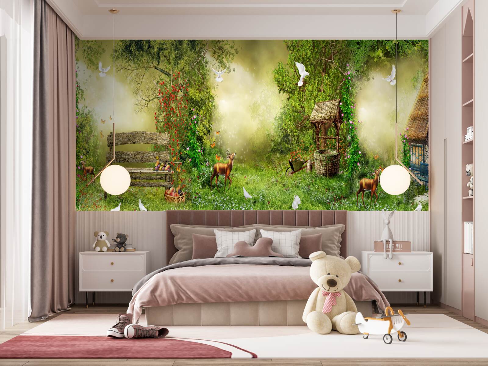 Papier peint chalet magique au milieu des arbres