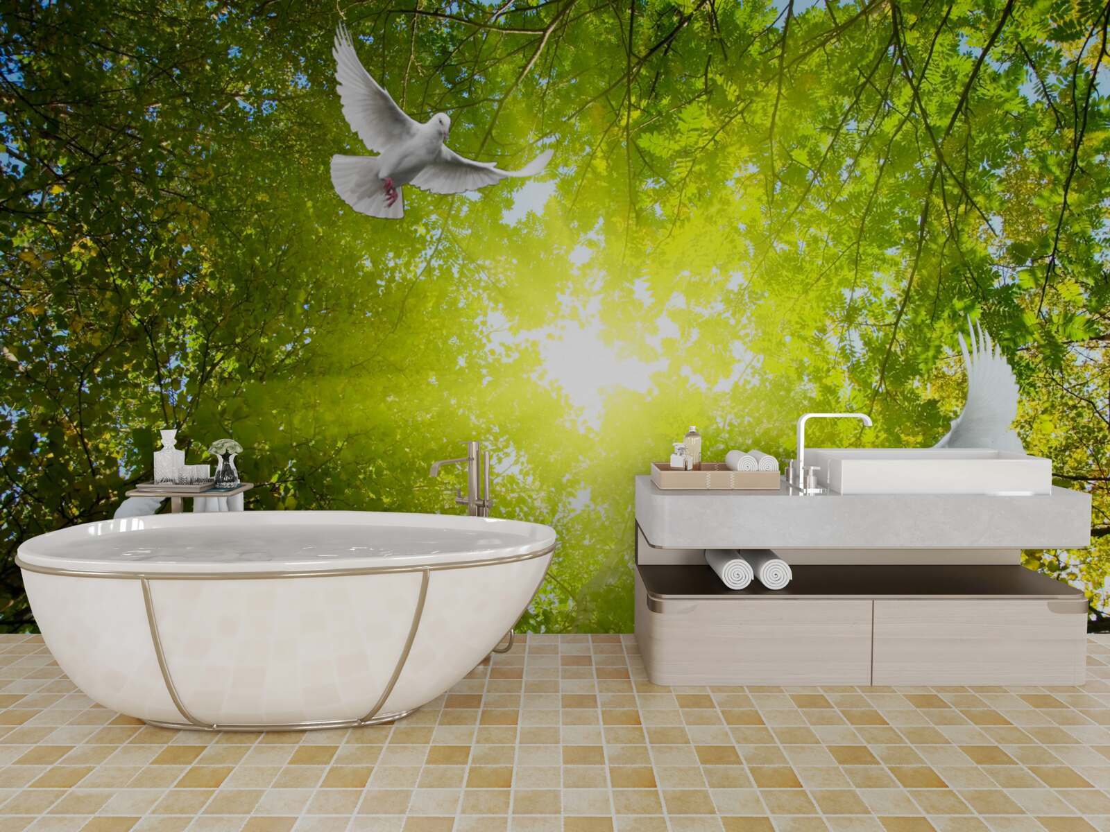 Papier peint les oiseaux volent dans les profondeurs de la forêt