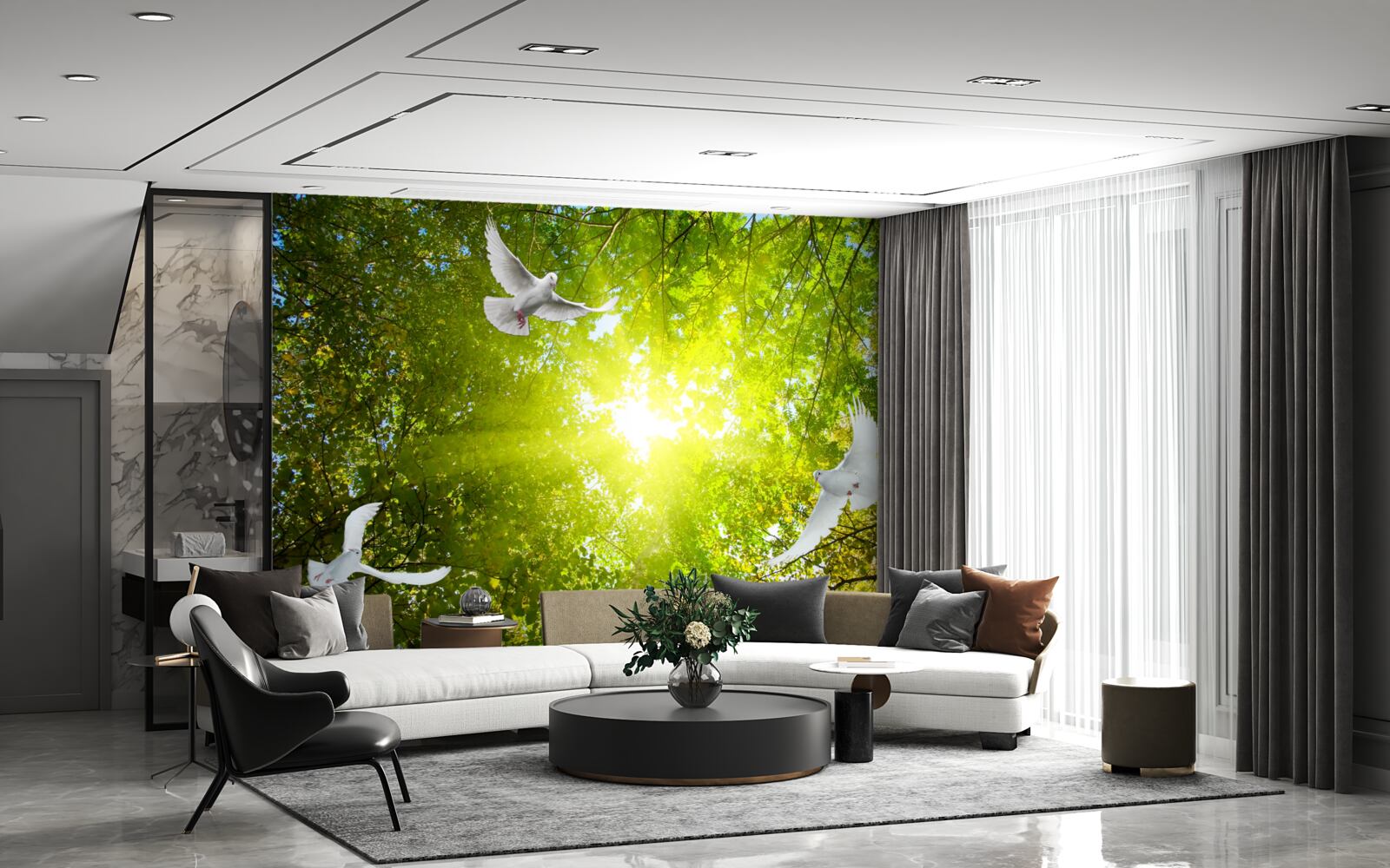 Papier peint les oiseaux volent dans les profondeurs de la forêt