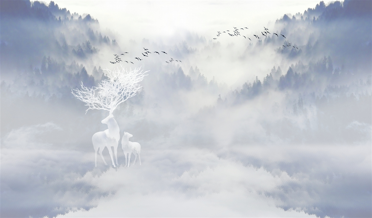 Papier peint la forêt brumeuse était habitée par une noble famille de cerfs