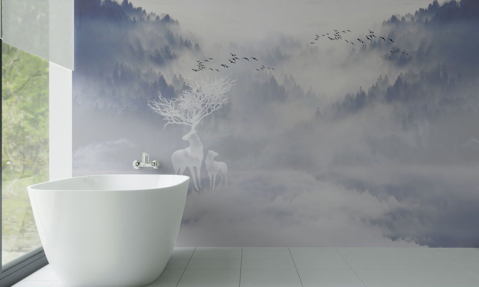 Papier peint la forêt brumeuse était habitée par une noble famille de cerfs