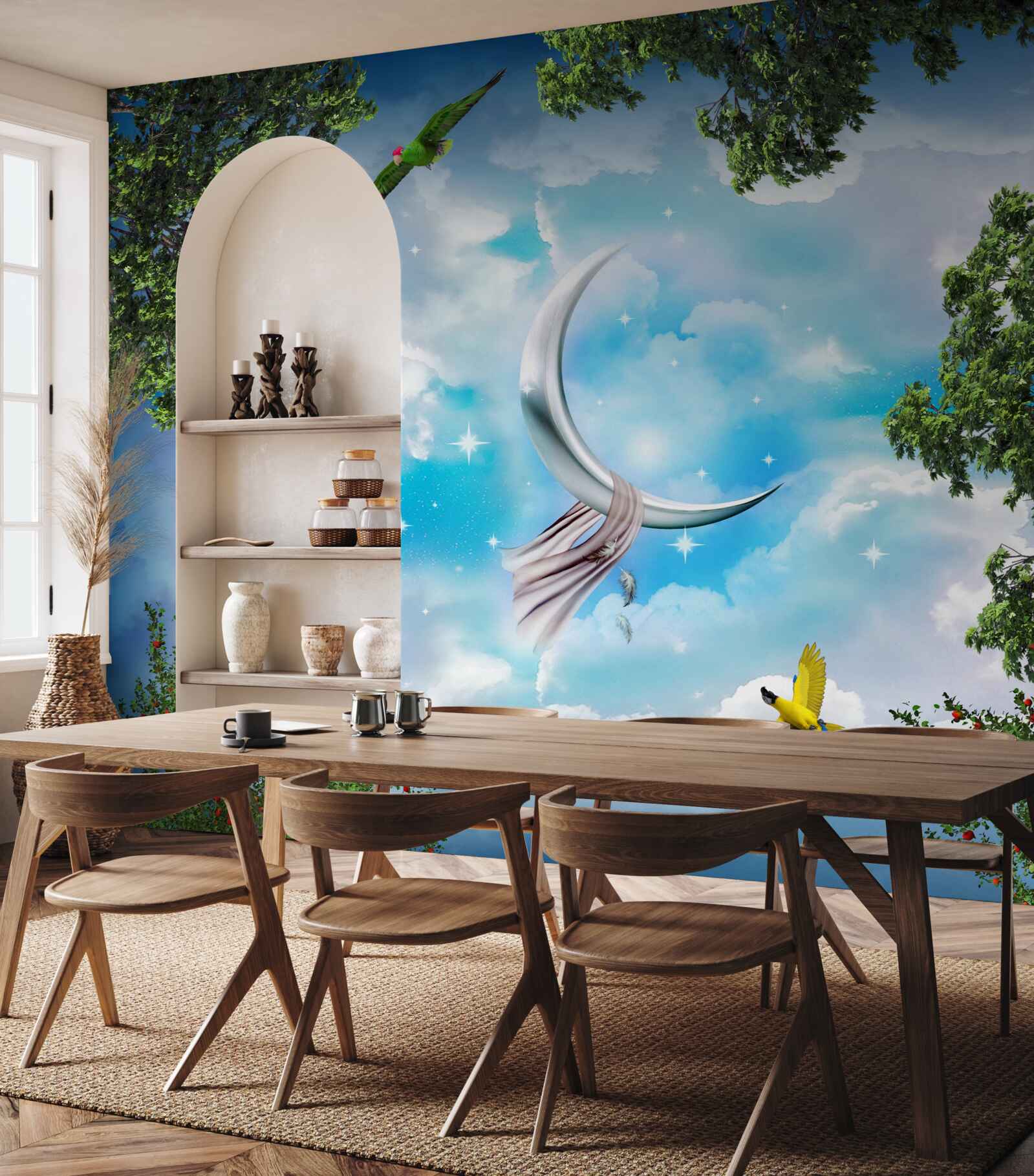 Papier peint depuis la forêt, on peut voir la lune comme dans un conte de fées