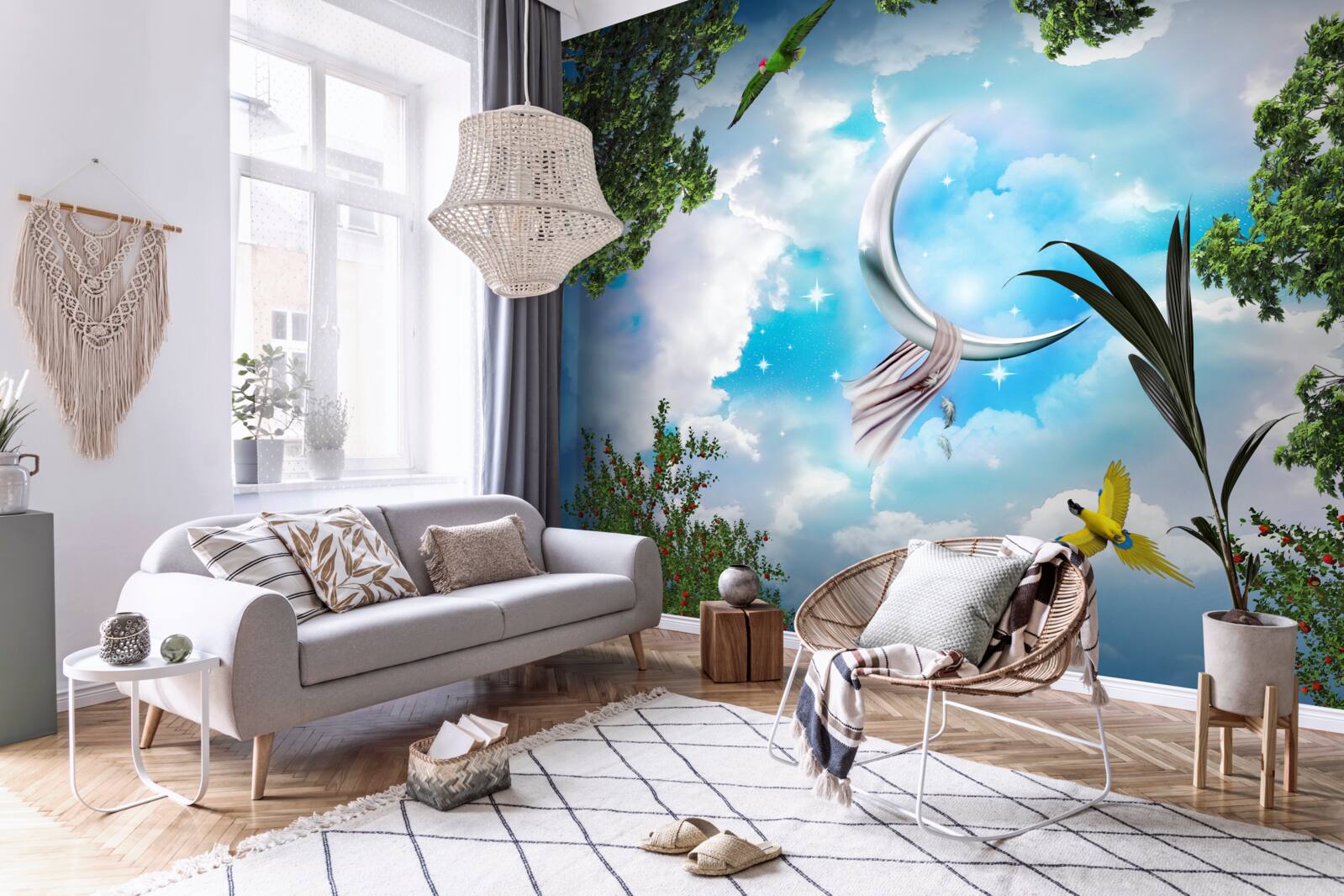 Papier peint depuis la forêt, on peut voir la lune comme dans un conte de fées