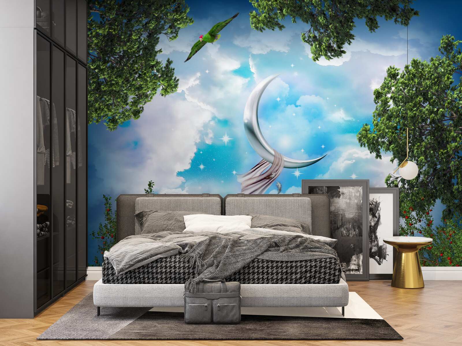 Papier peint depuis la forêt, on peut voir la lune comme dans un conte de fées