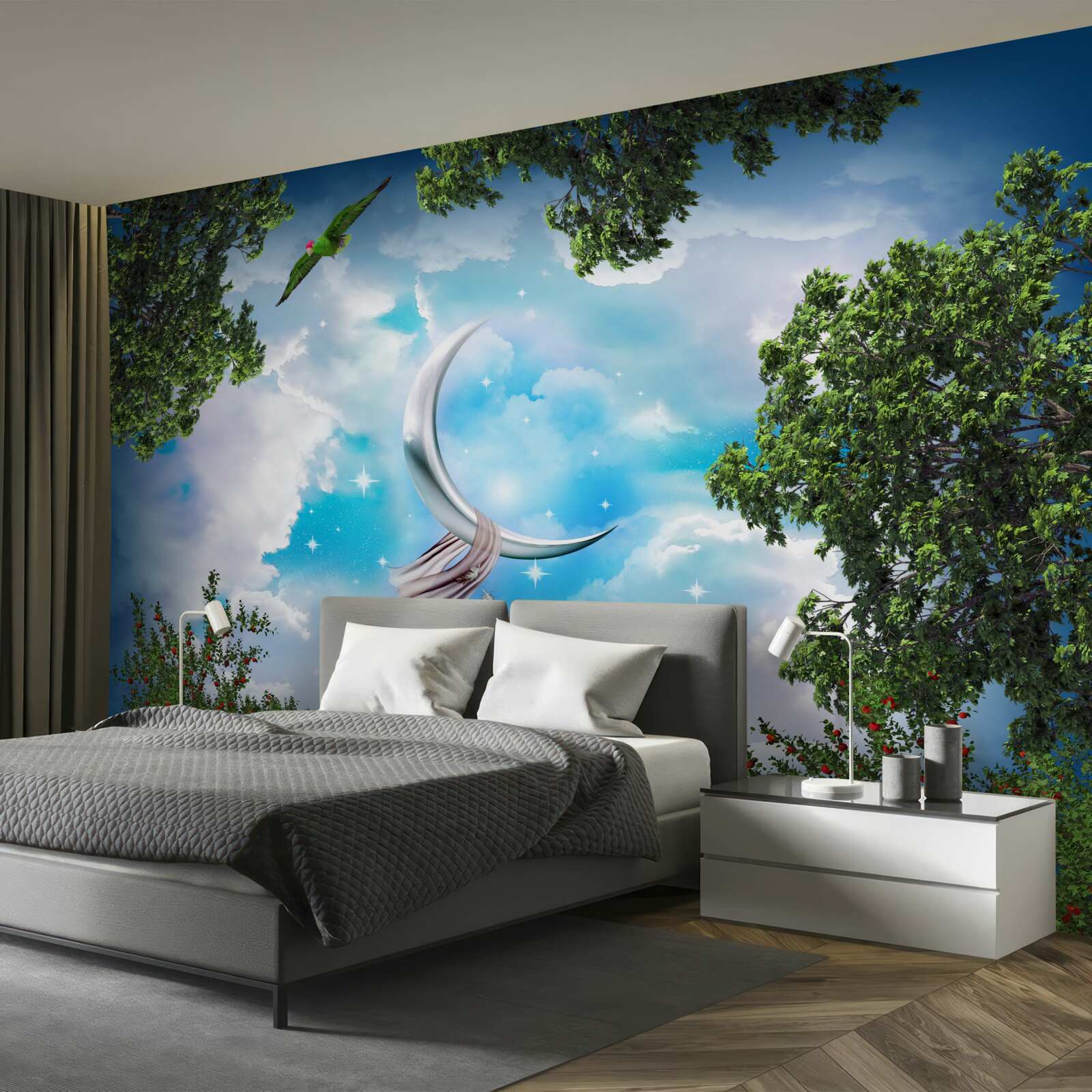 Papier peint depuis la forêt, on peut voir la lune comme dans un conte de fées