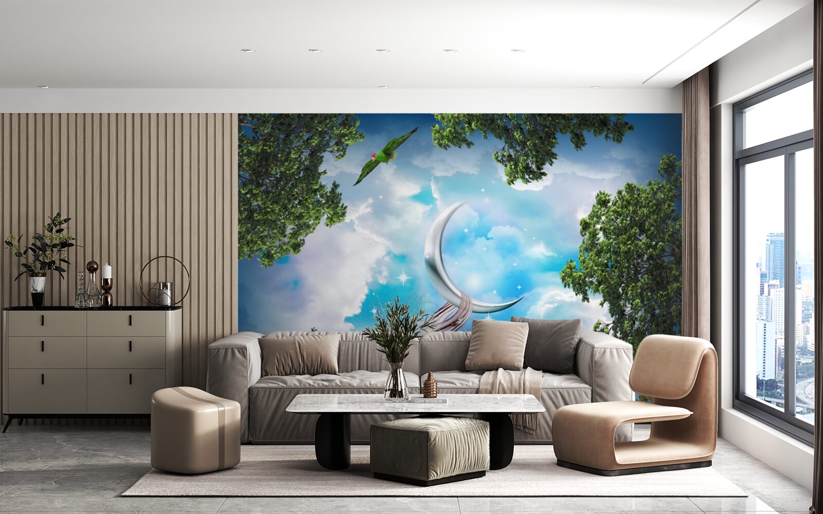 Papier peint depuis la forêt, on peut voir la lune comme dans un conte de fées