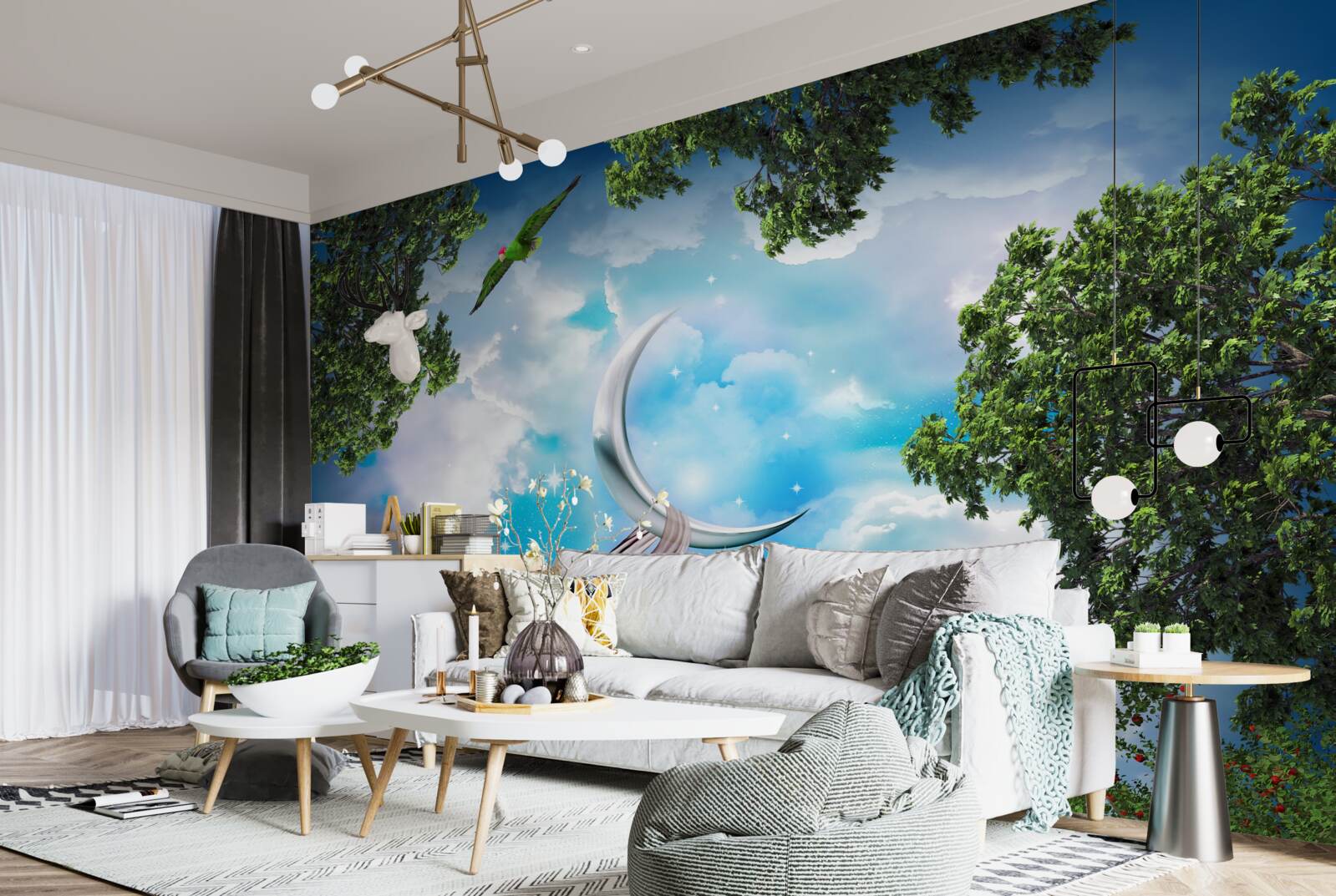 Papier peint depuis la forêt, on peut voir la lune comme dans un conte de fées