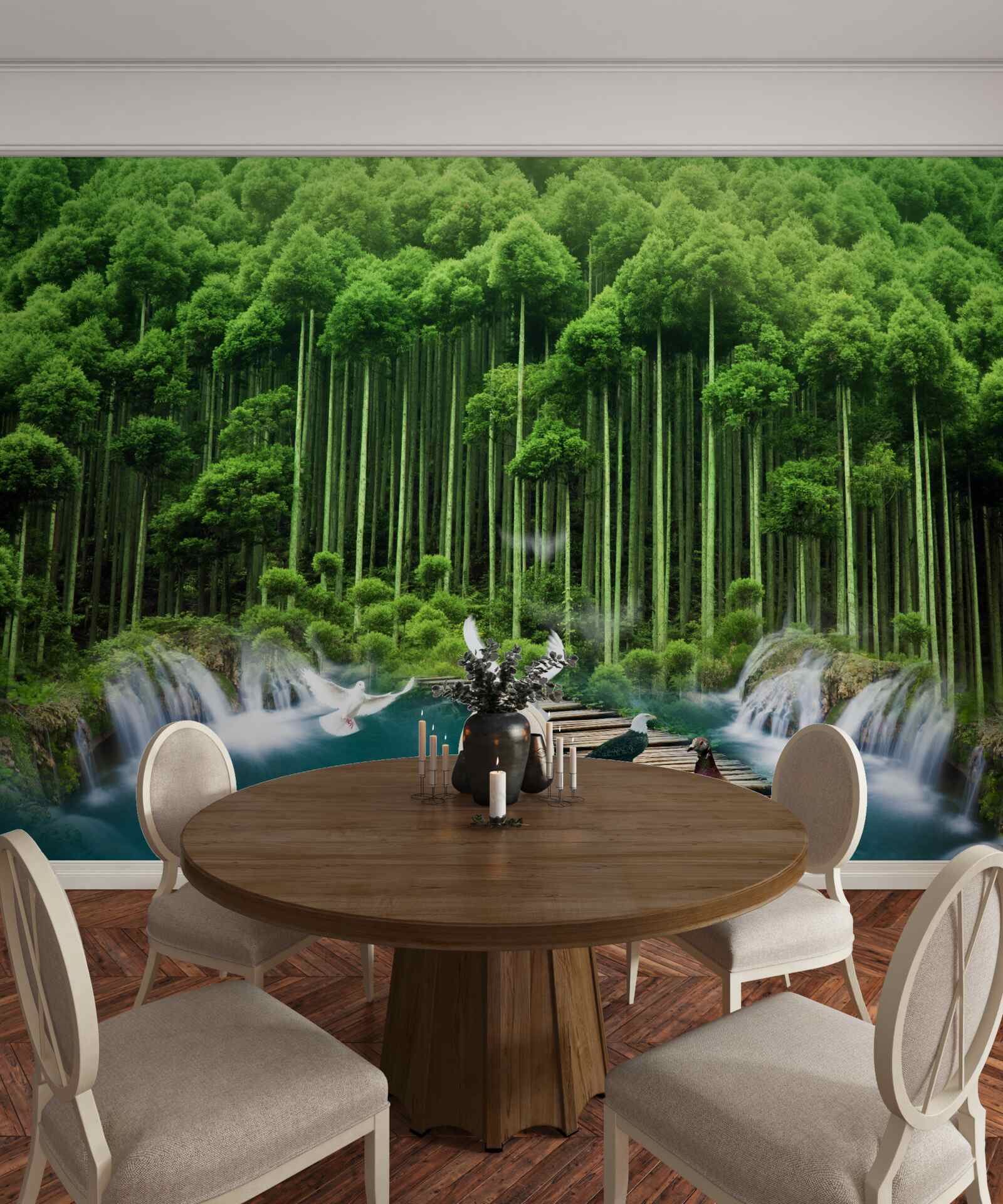 Papier peint un point d'eau dans un maquis verdoyant où les oiseaux se sont rassemblés