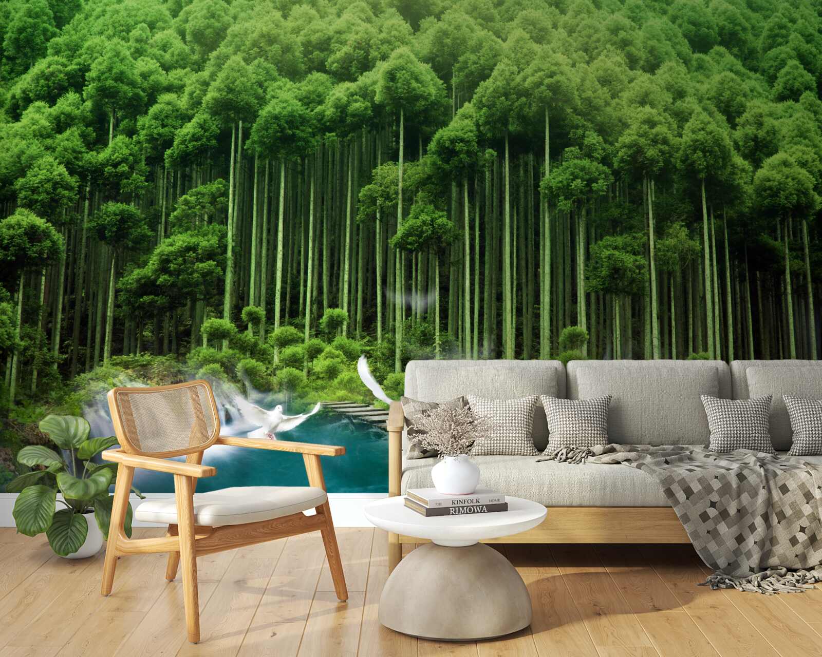 Papier peint un point d'eau dans un maquis verdoyant où les oiseaux se sont rassemblés