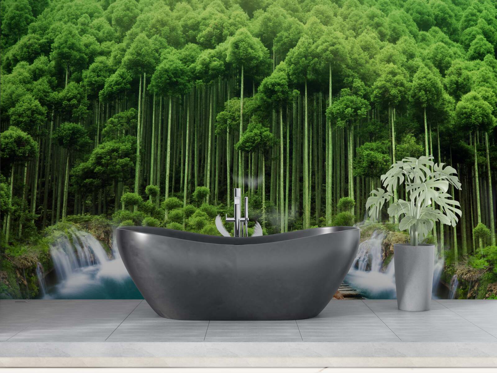 Papier peint un point d'eau dans un maquis verdoyant où les oiseaux se sont rassemblés