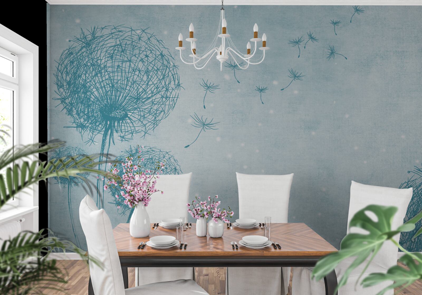 Papier peint pissenlits volant dans le ciel