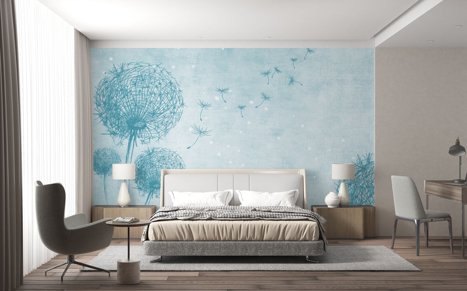 Papier peint pissenlits volant dans le ciel