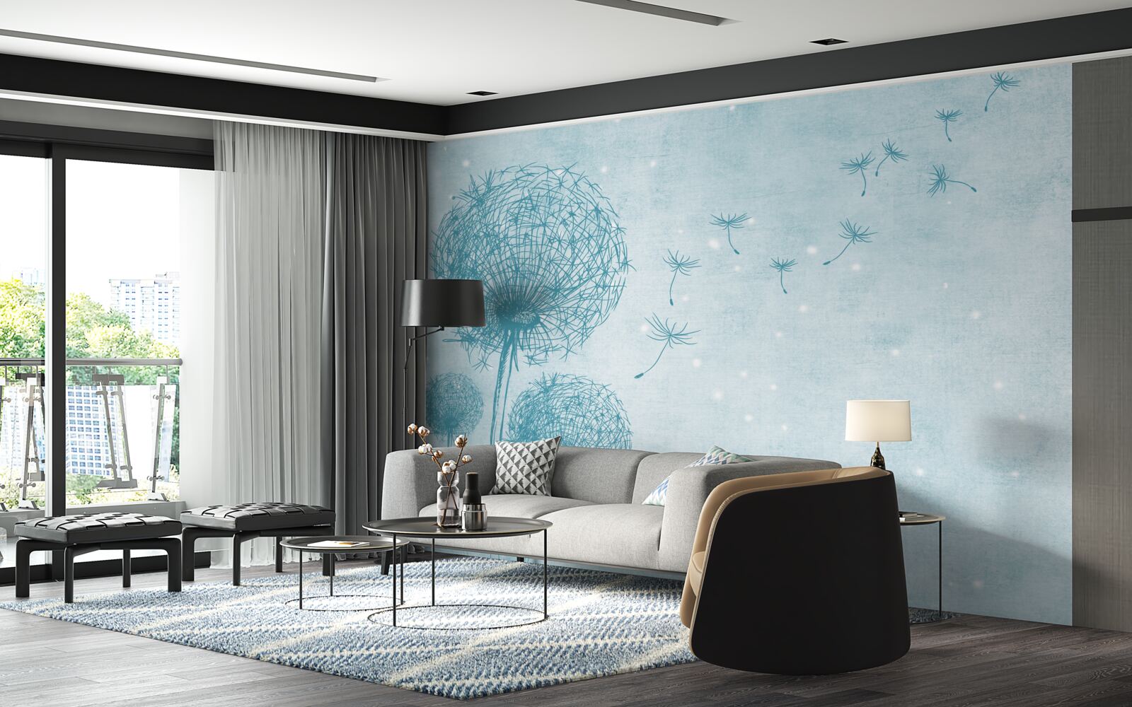 Papier peint pissenlits volant dans le ciel