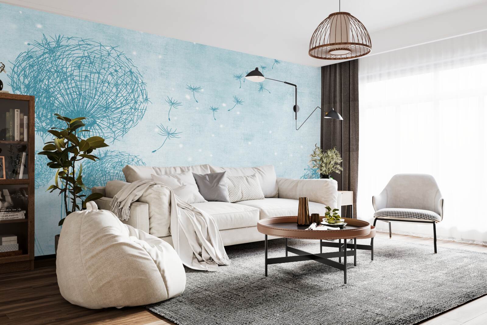 Papier peint pissenlits volant dans le ciel