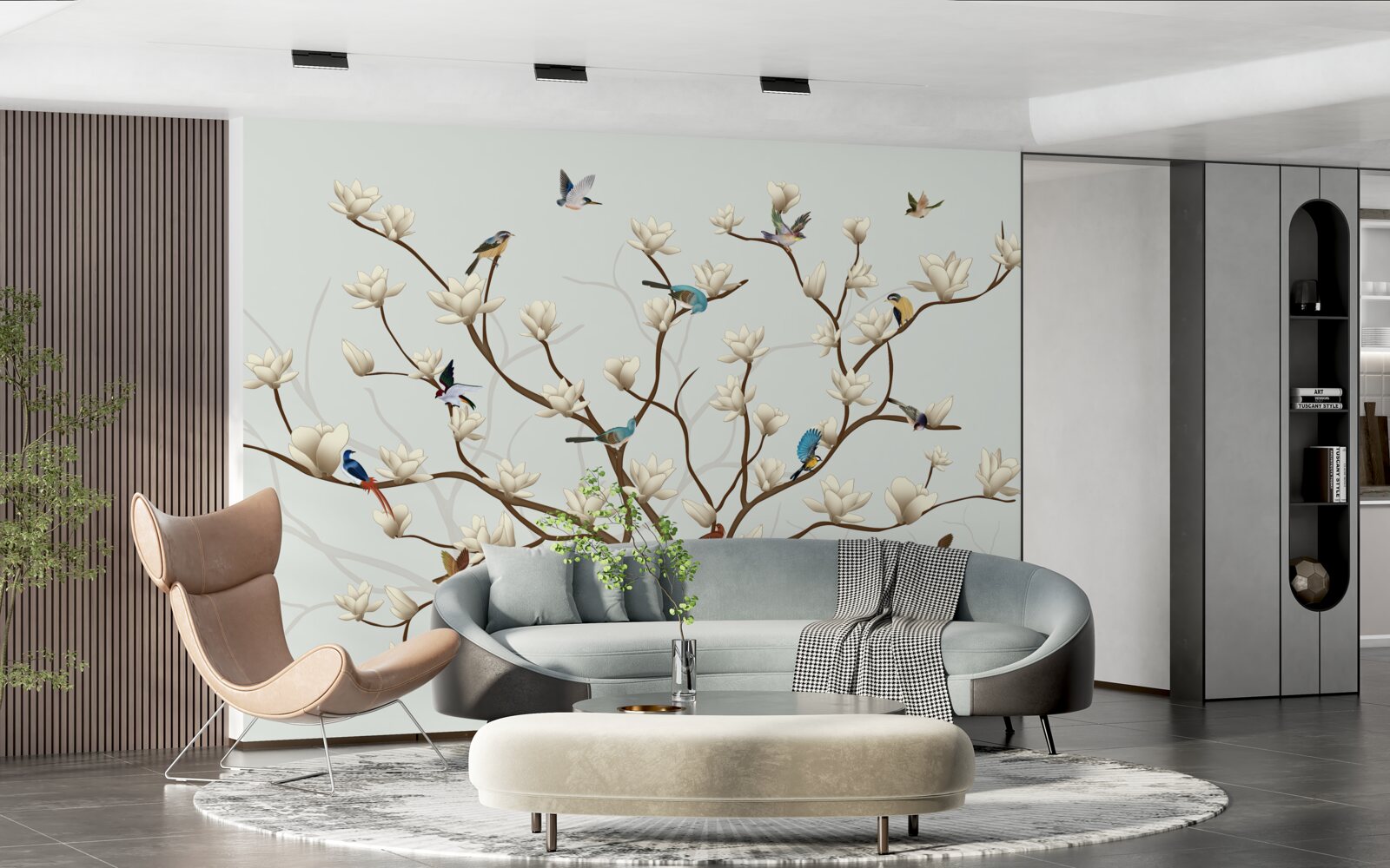 Papier peint le magnolia est de couleur blanche et est habité par une variété d'oiseaux