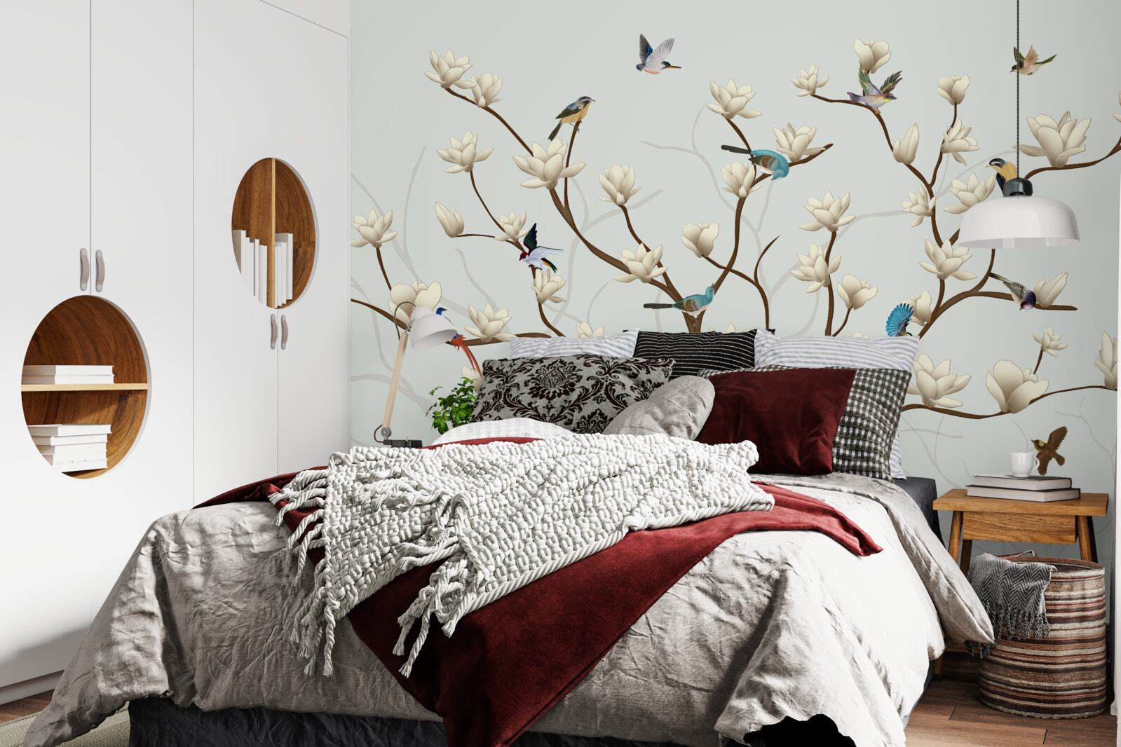 Papier peint le magnolia est de couleur blanche et est habité par une variété d'oiseaux