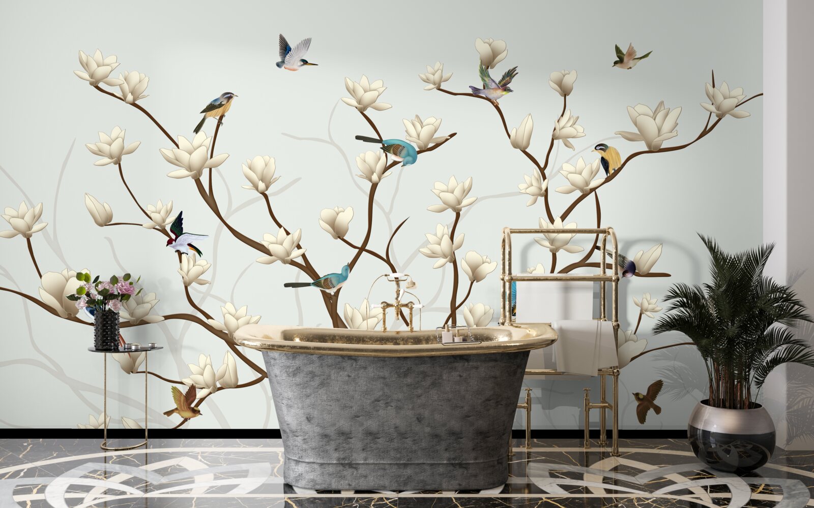 Papier peint le magnolia est de couleur blanche et est habité par une variété d'oiseaux