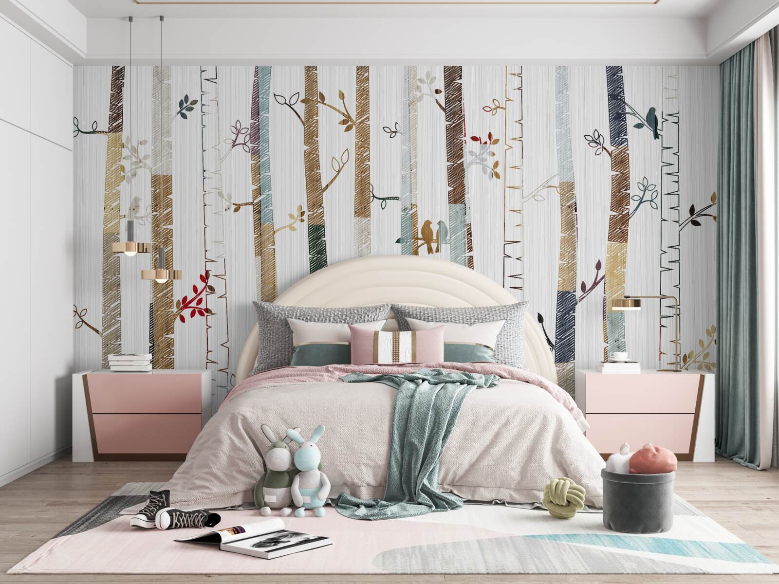 Papier peint illustration de gracieux bouleaux en couleur