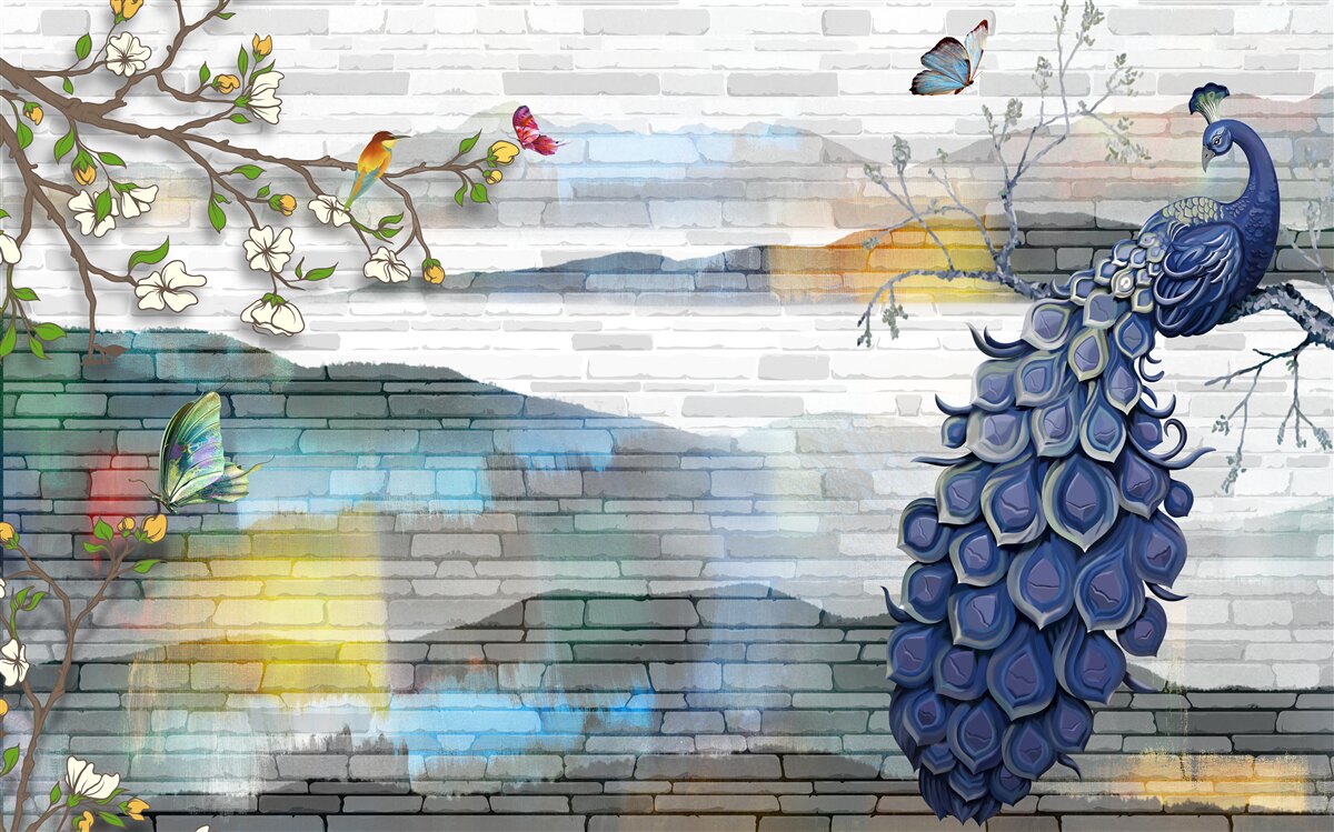 Papier peint abstraction de branches de paon et de jasmin