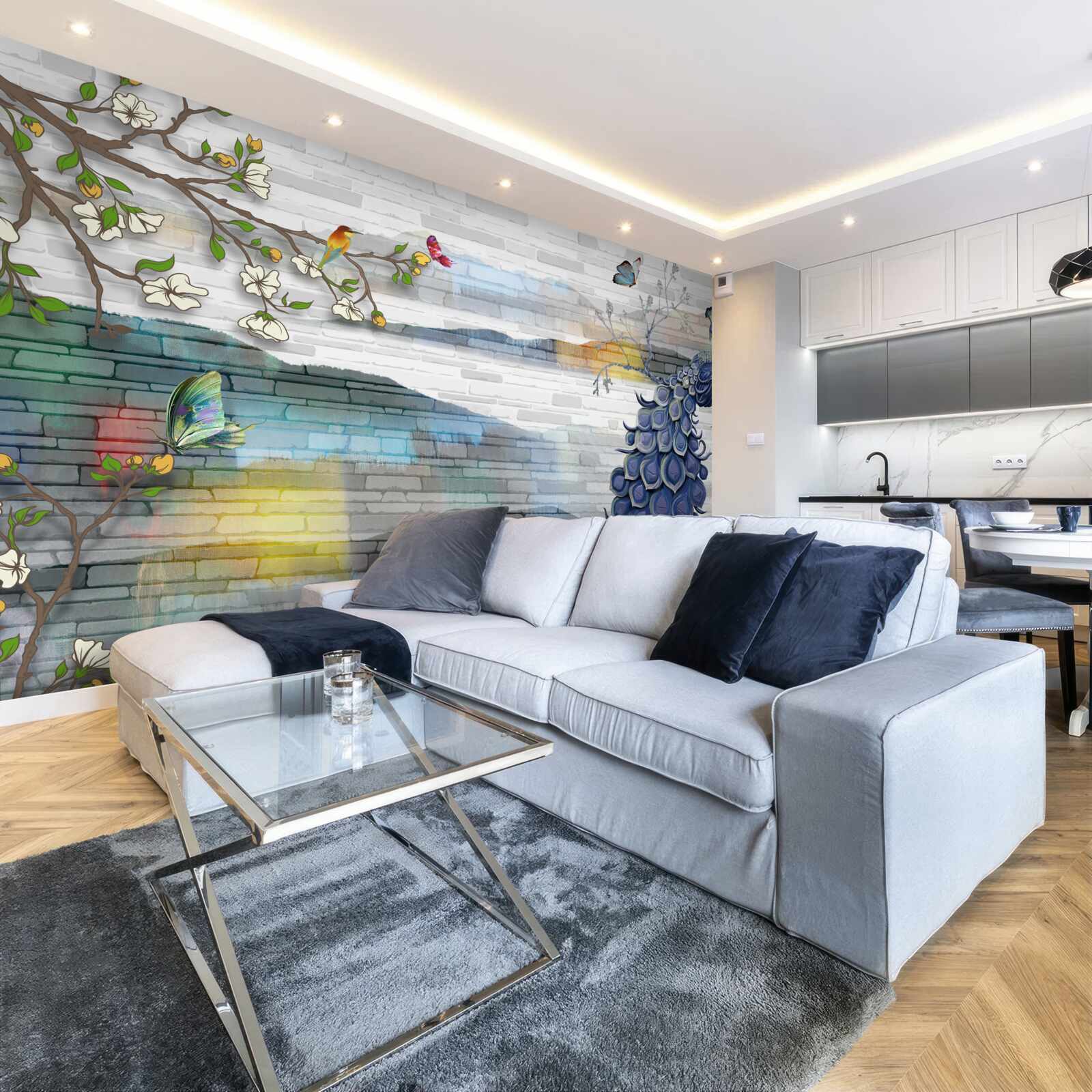 Papier peint abstraction de branches de paon et de jasmin