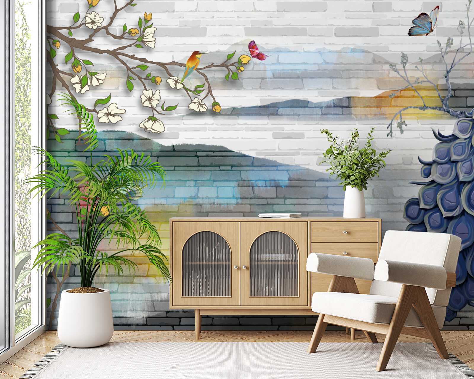 Papier peint abstraction de branches de paon et de jasmin