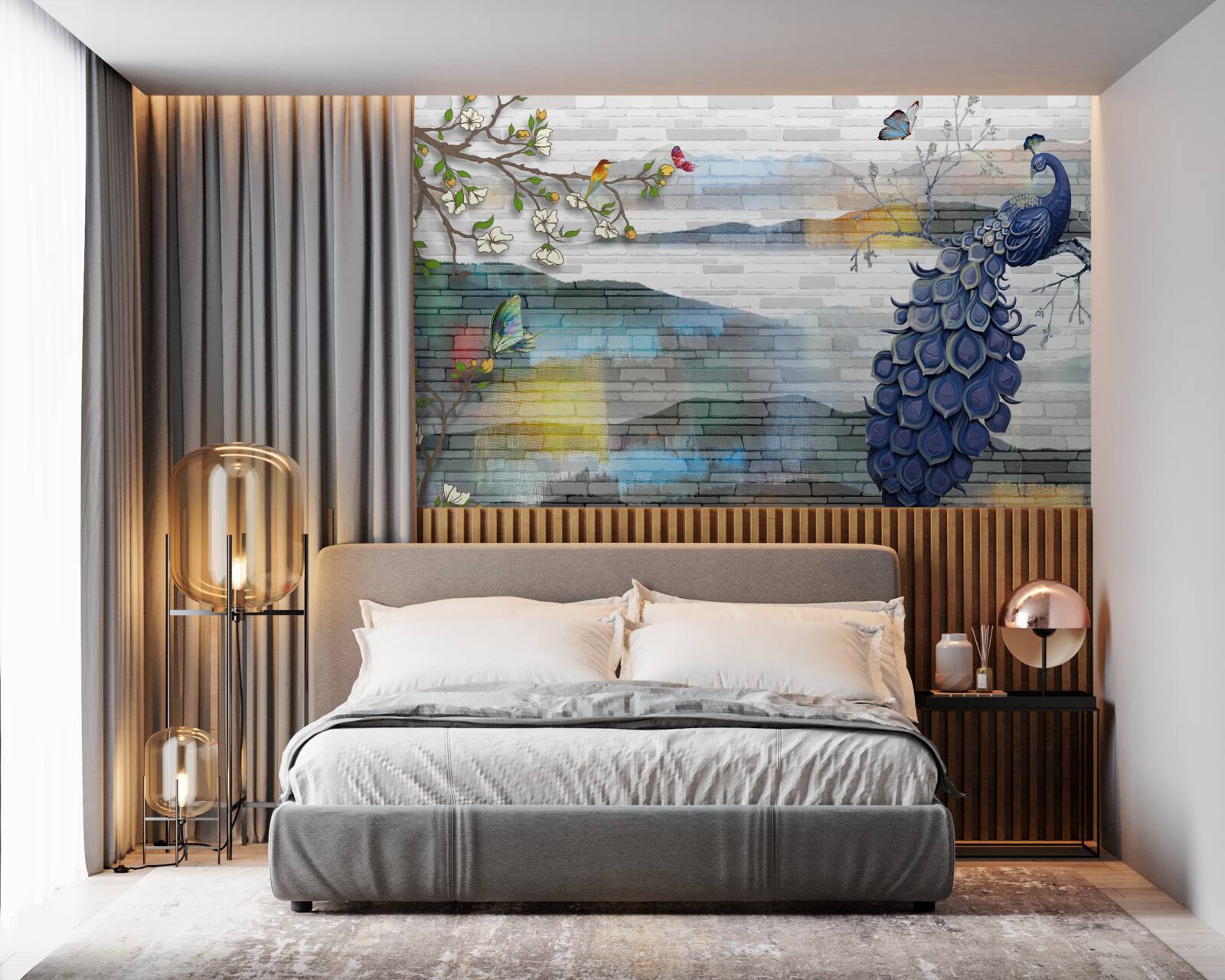 Papier peint abstraction de branches de paon et de jasmin