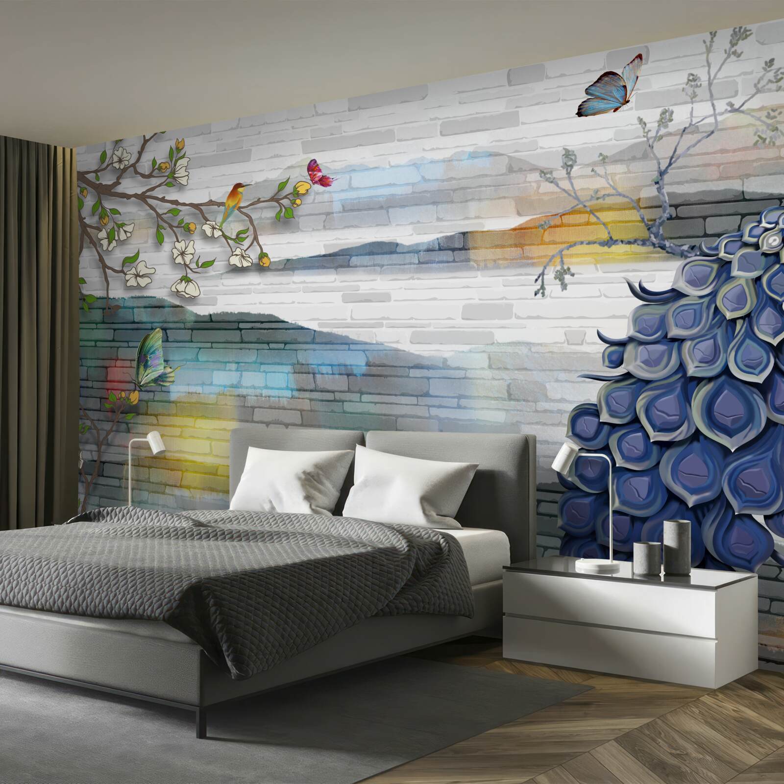 Papier peint abstraction de branches de paon et de jasmin