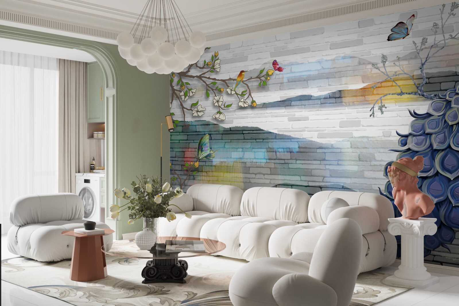 Papier peint abstraction de branches de paon et de jasmin