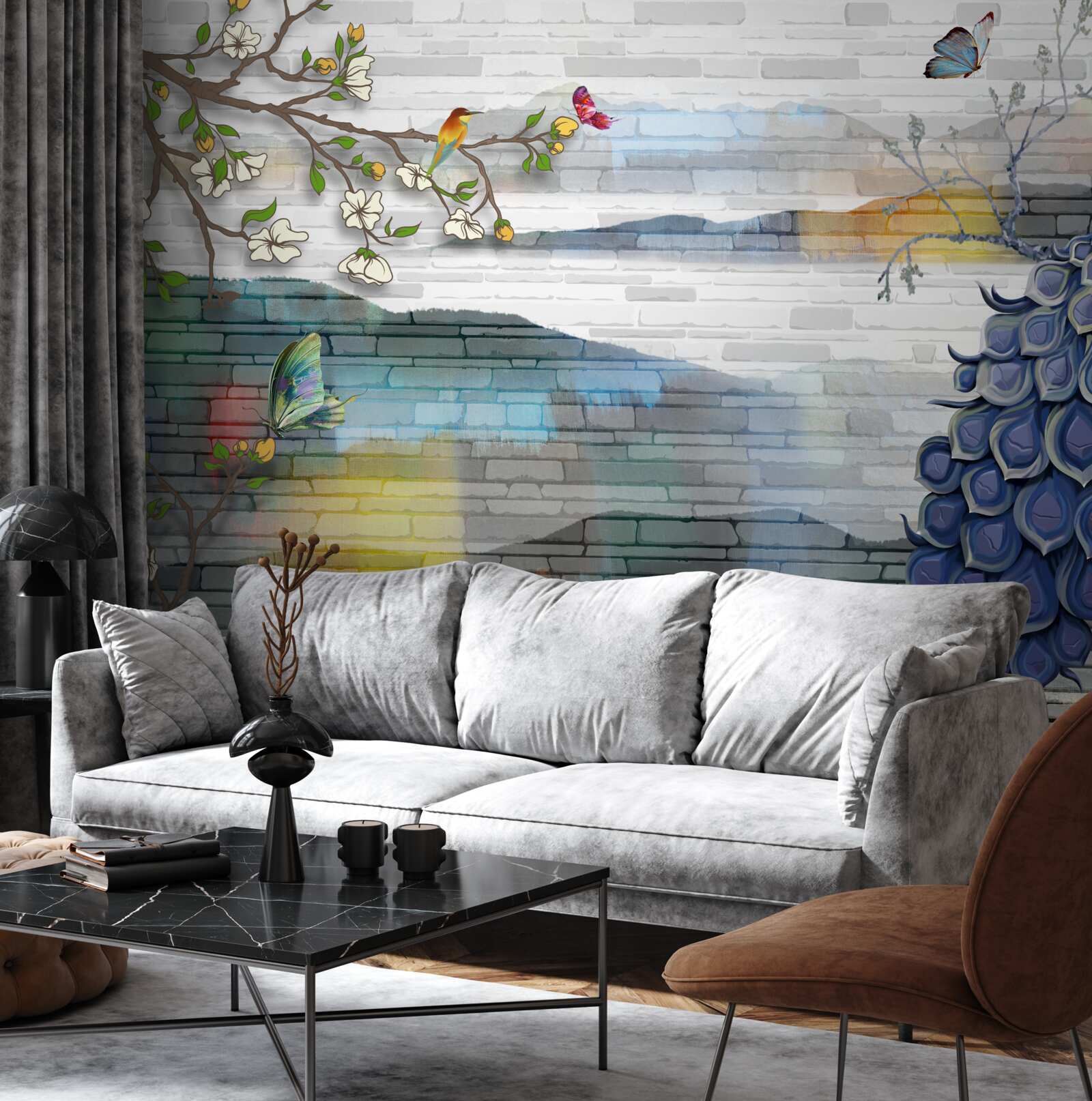 Papier peint abstraction de branches de paon et de jasmin