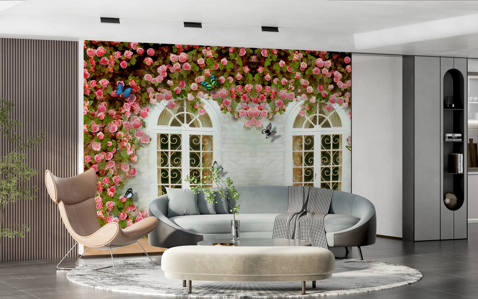 Papier peint les fenêtres sont entourées de roses en fleurs