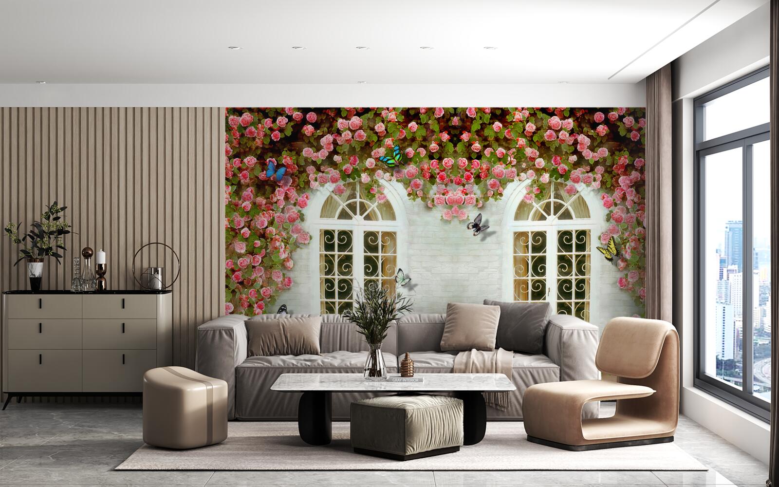 Papier peint les fenêtres sont entourées de roses en fleurs